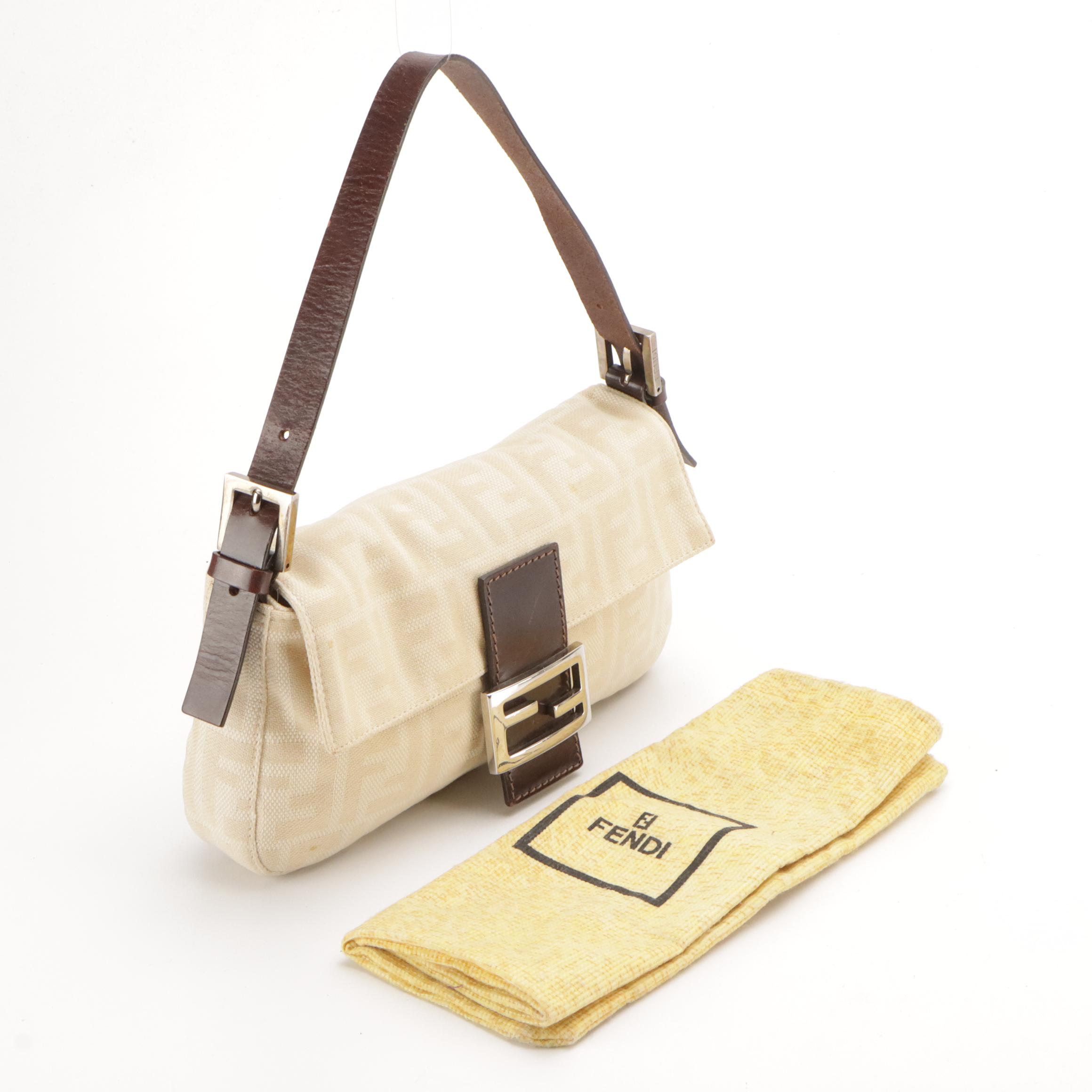 Fendi Baguette Shoulder Bag in Beige FF Zucca Canvas and Brown Leather Trim