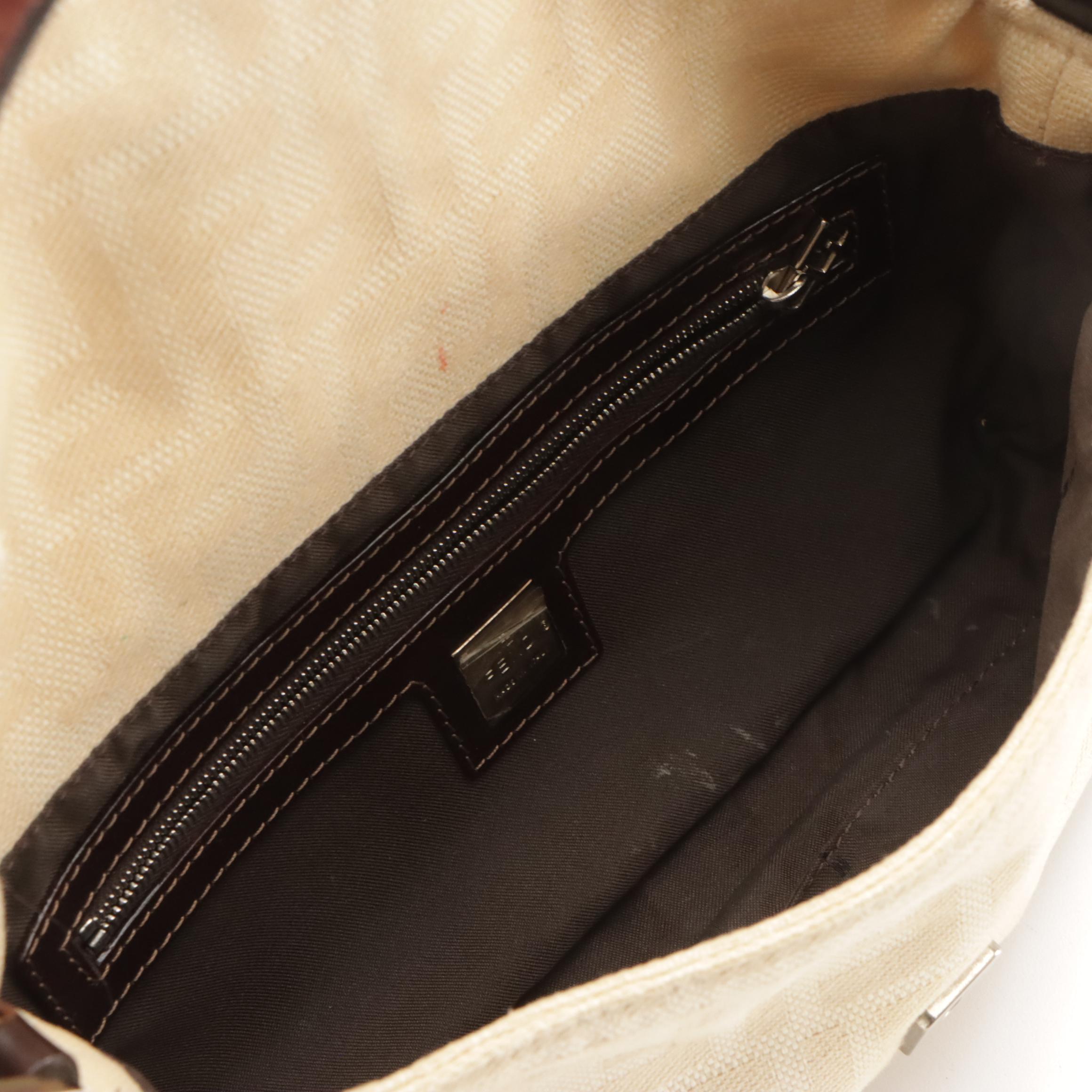 Fendi Baguette Shoulder Bag in Beige FF Zucca Canvas and Brown Leather Trim