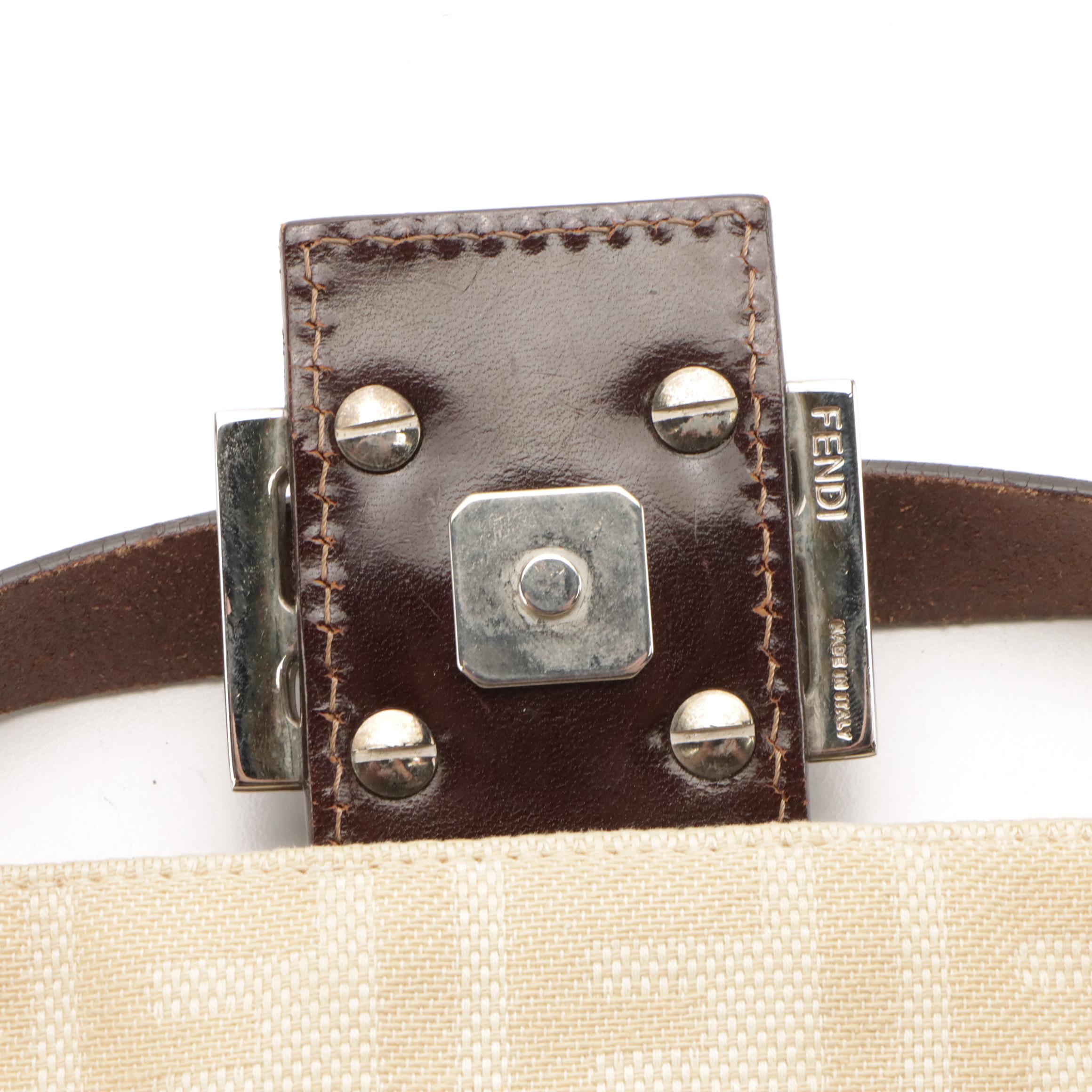 Fendi Baguette Shoulder Bag in Beige FF Zucca Canvas and Brown Leather Trim