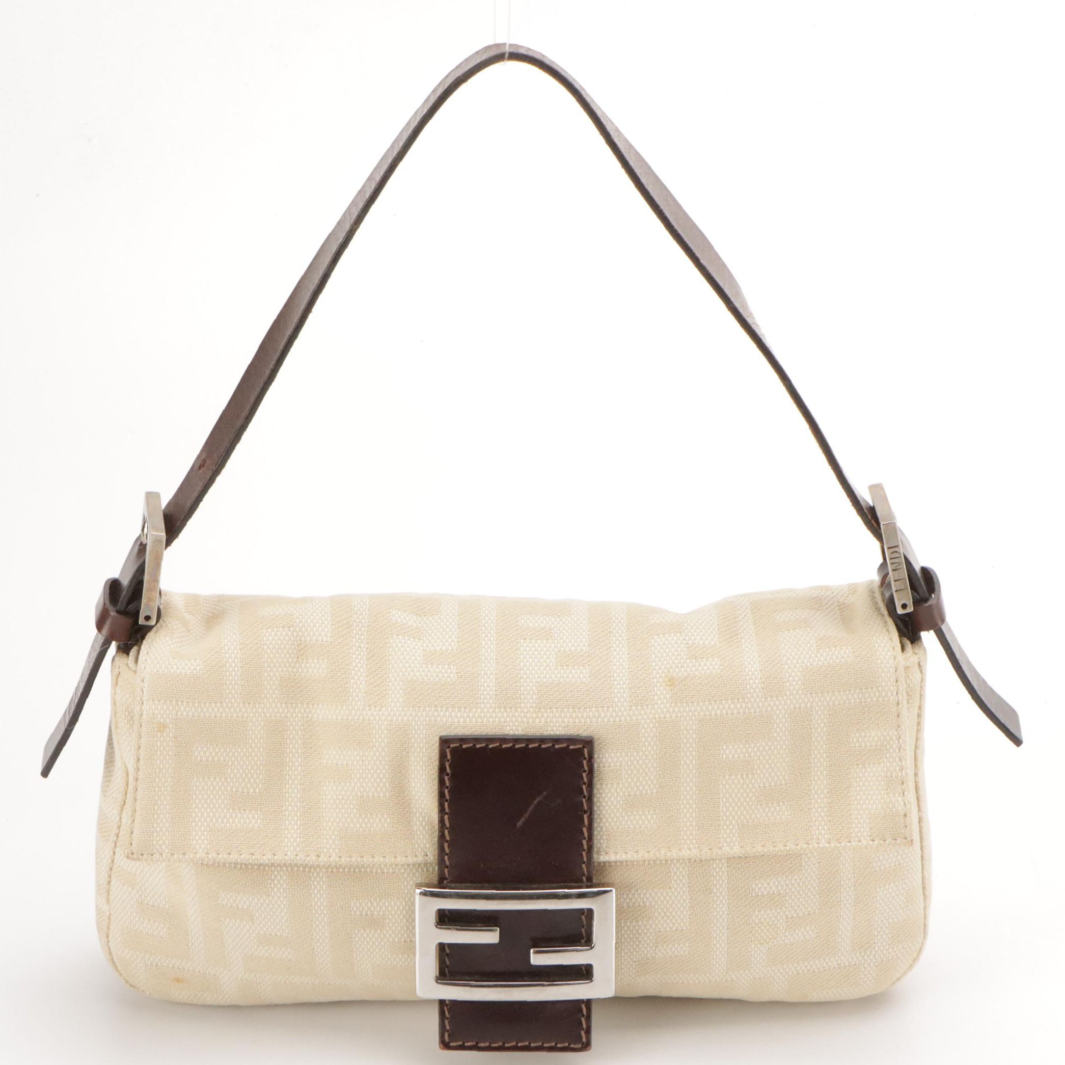 Fendi Baguette Shoulder Bag in Beige FF Zucca Canvas and Brown Leather Trim