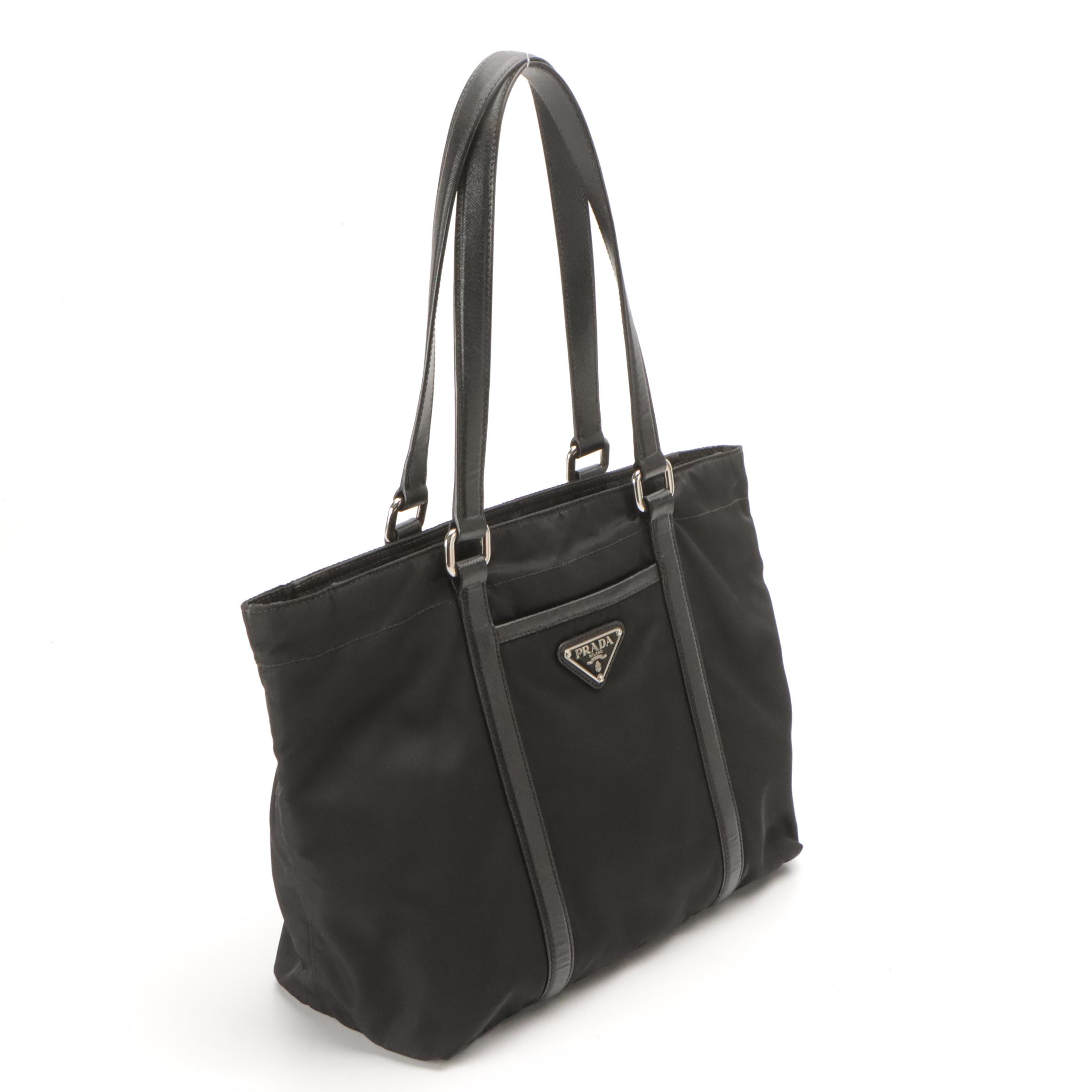 Prada Front Pocket Shopping Zip Tote in Black Tessuto Nylon & Saffiano Leather