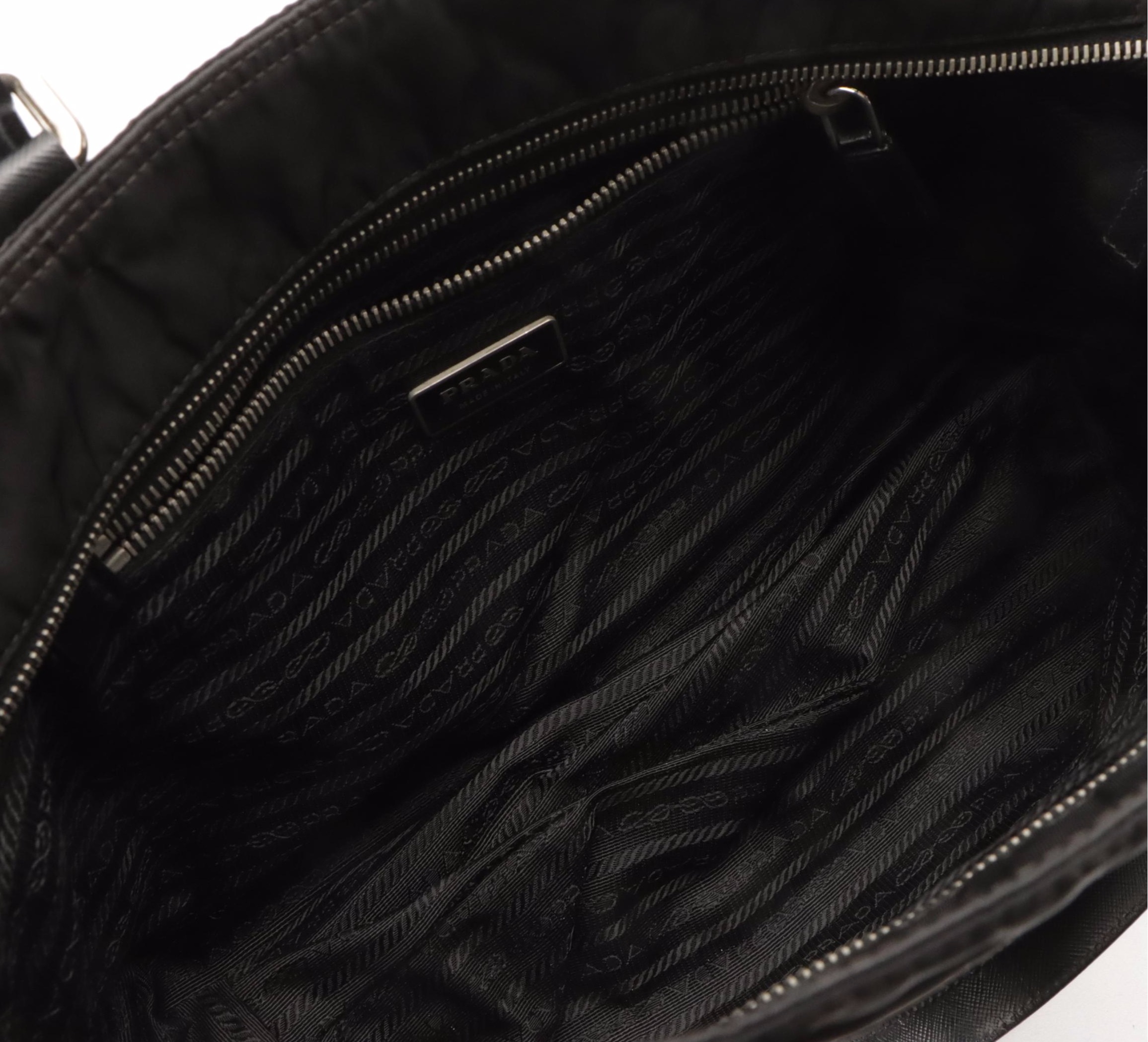 Prada Front Pocket Shopping Zip Tote in Black Tessuto Nylon & Saffiano Leather