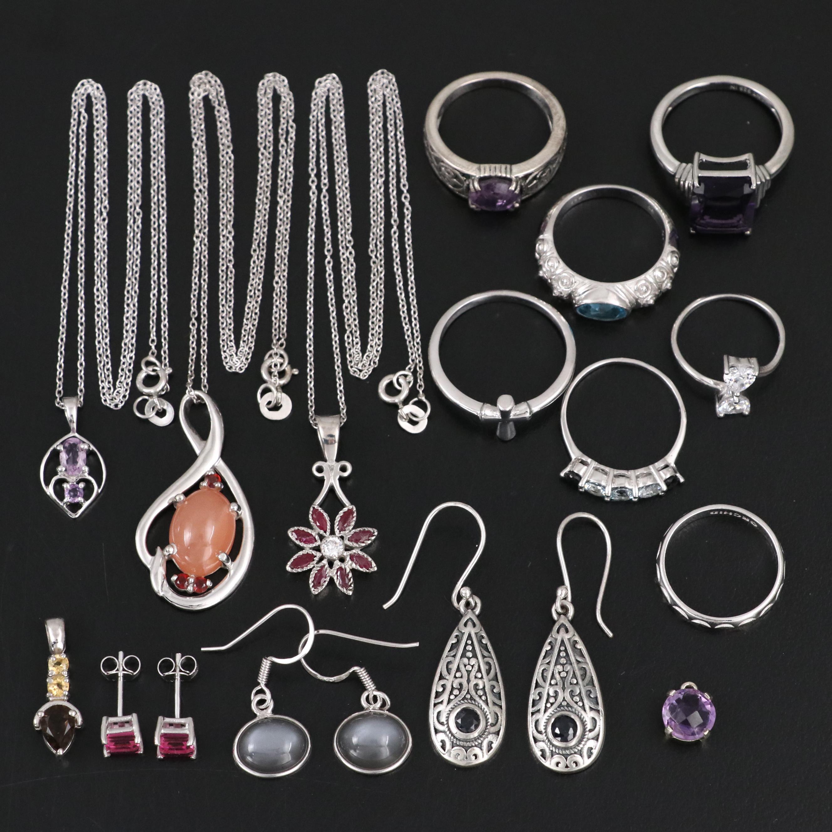 14 Assorted Sterling Silver Rings, Necklaces, Earrings, and Pendants