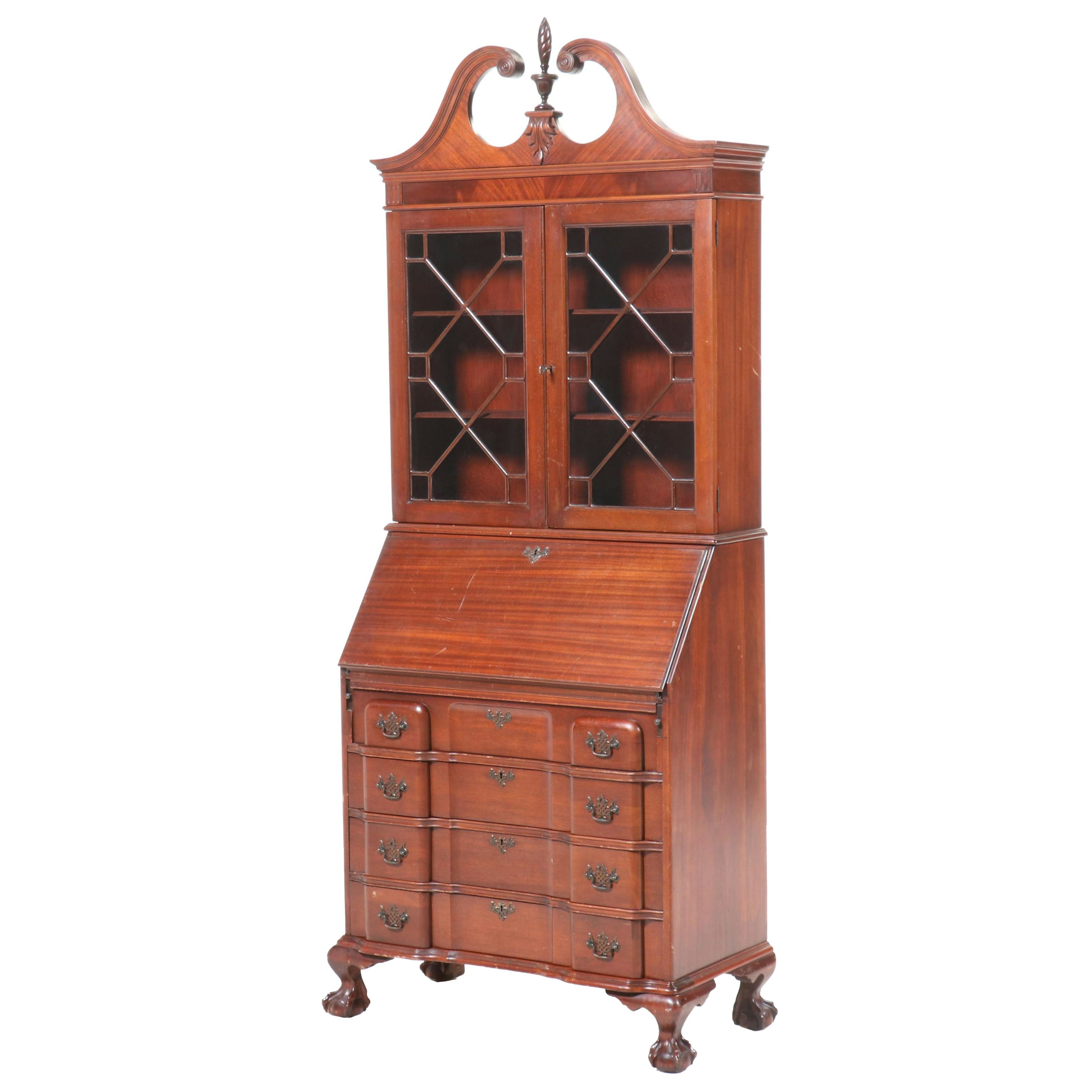 Chippendale Style Mahogany Secretary Desk with Hutch, 20th Century