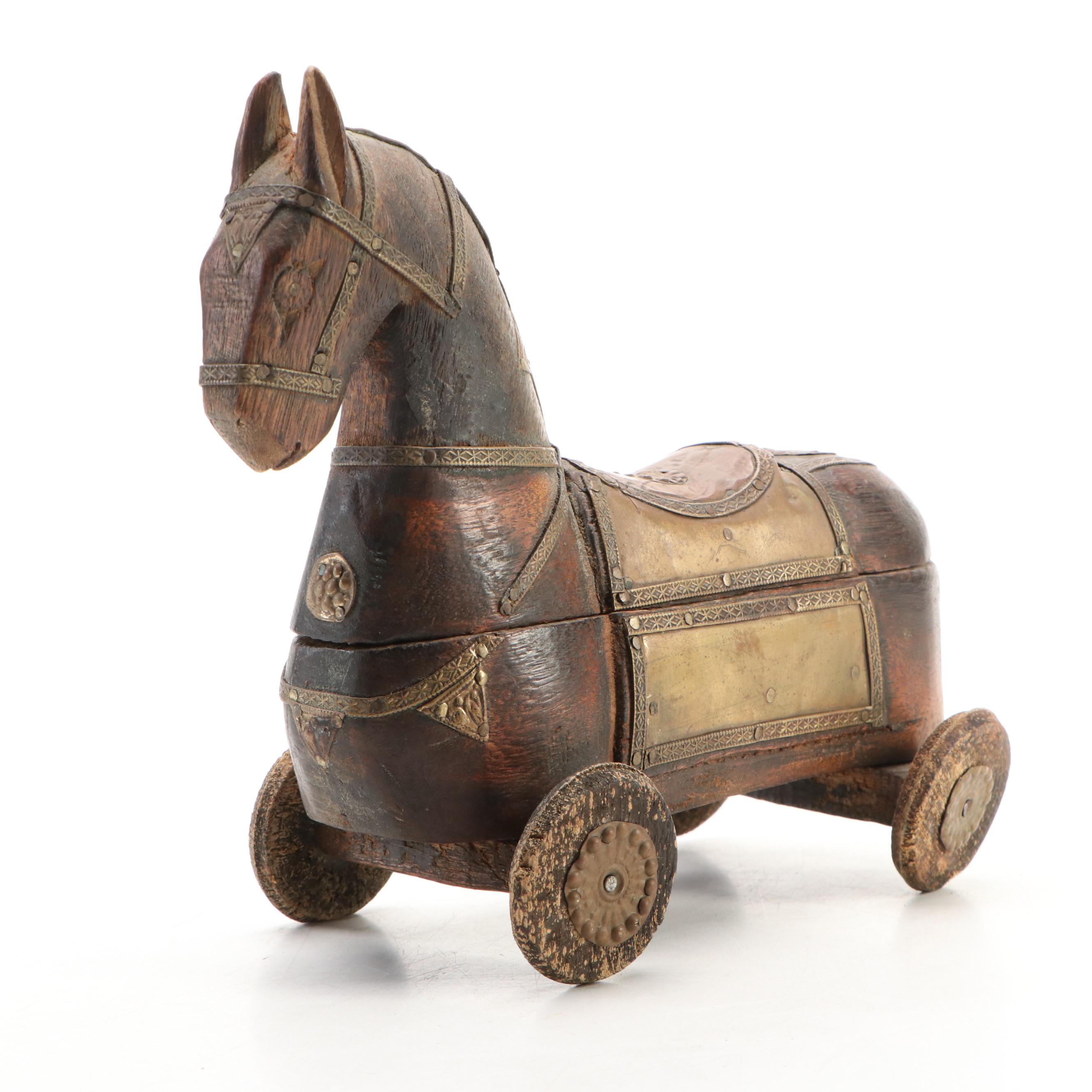 Rajasthani Indian Brass Mounted Wood Horse Spice Box, Late 19th/Early 20th C.