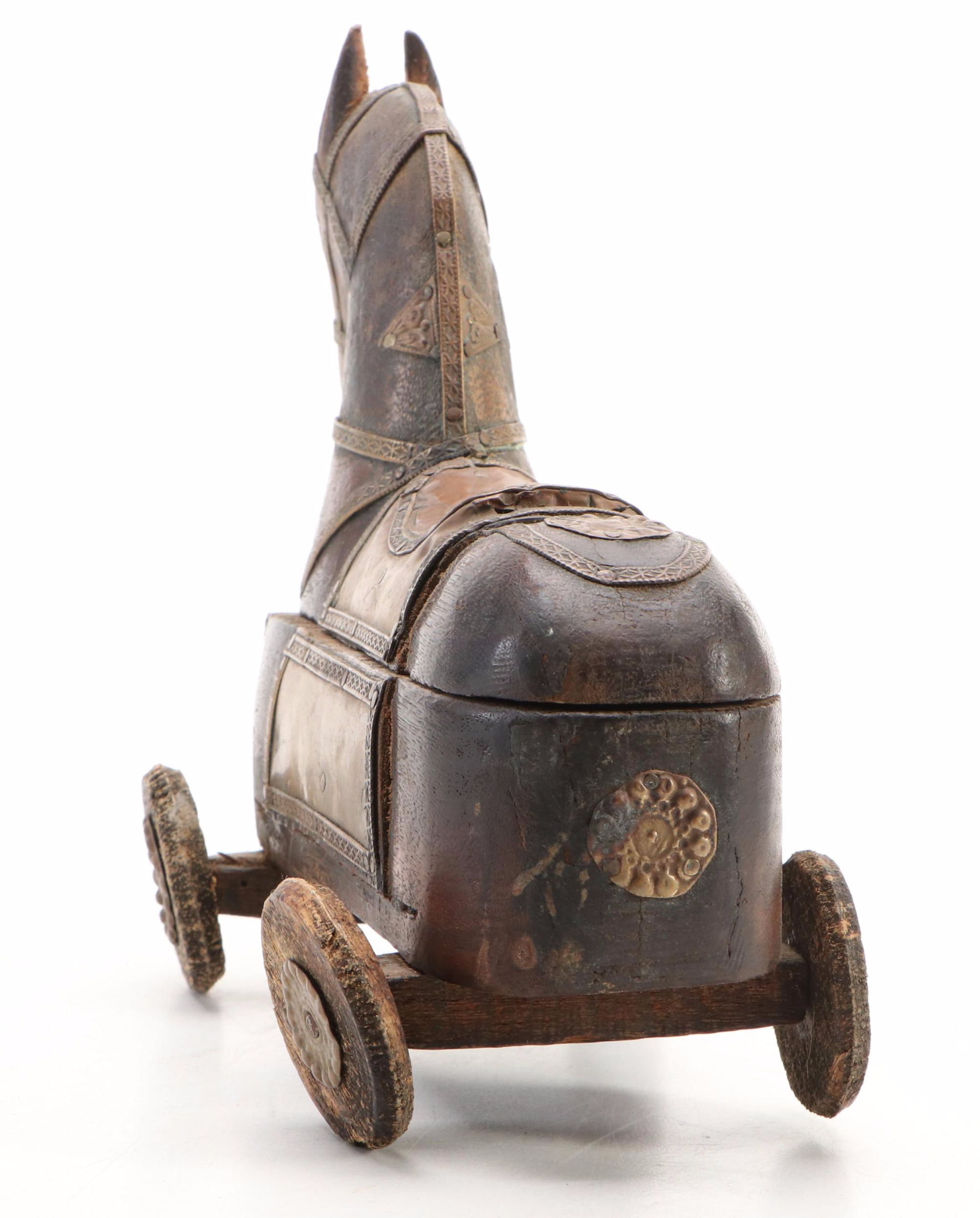 Rajasthani Indian Brass Mounted Wood Horse Spice Box, Late 19th/Early 20th C.