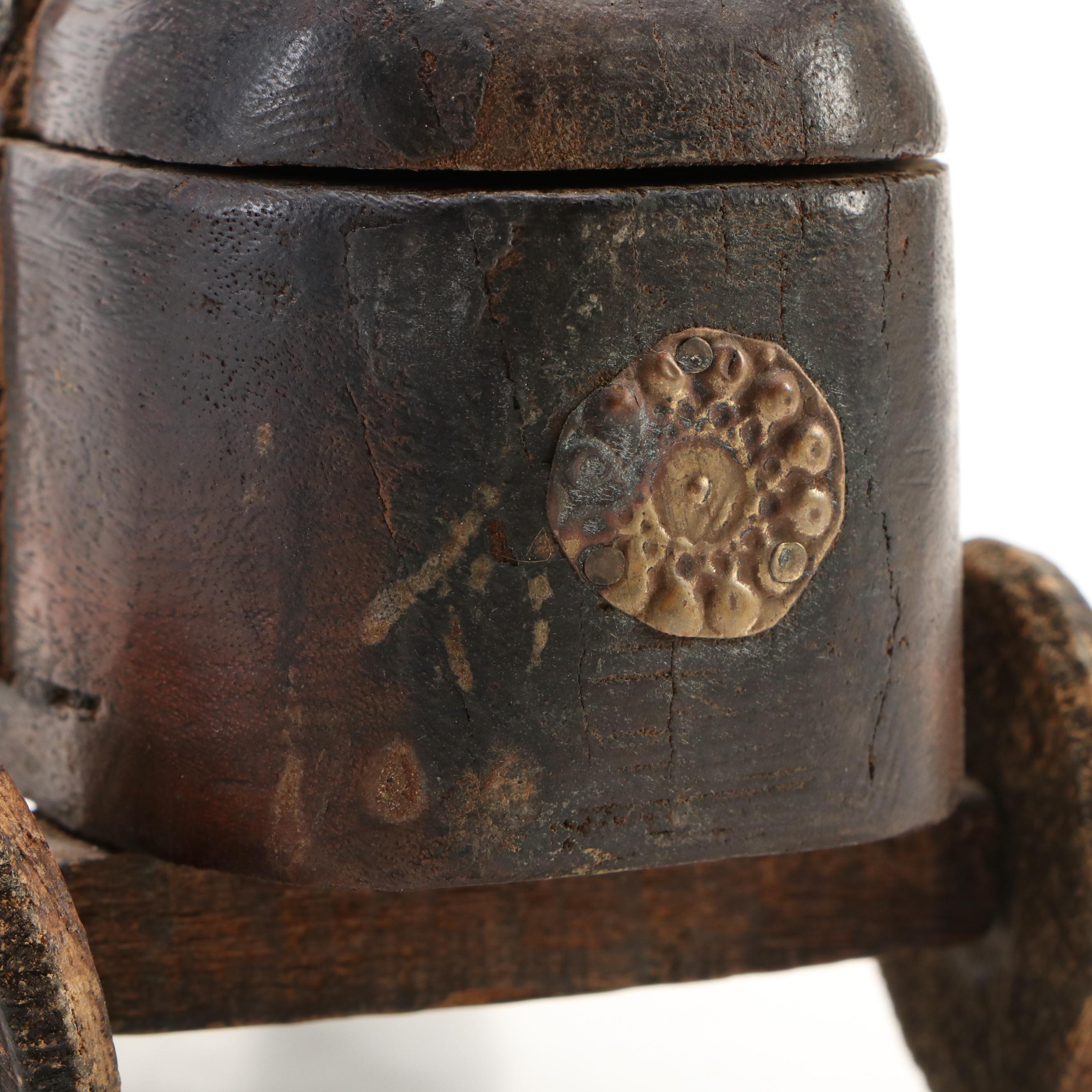 Rajasthani Indian Brass Mounted Wood Horse Spice Box, Late 19th/Early 20th C.