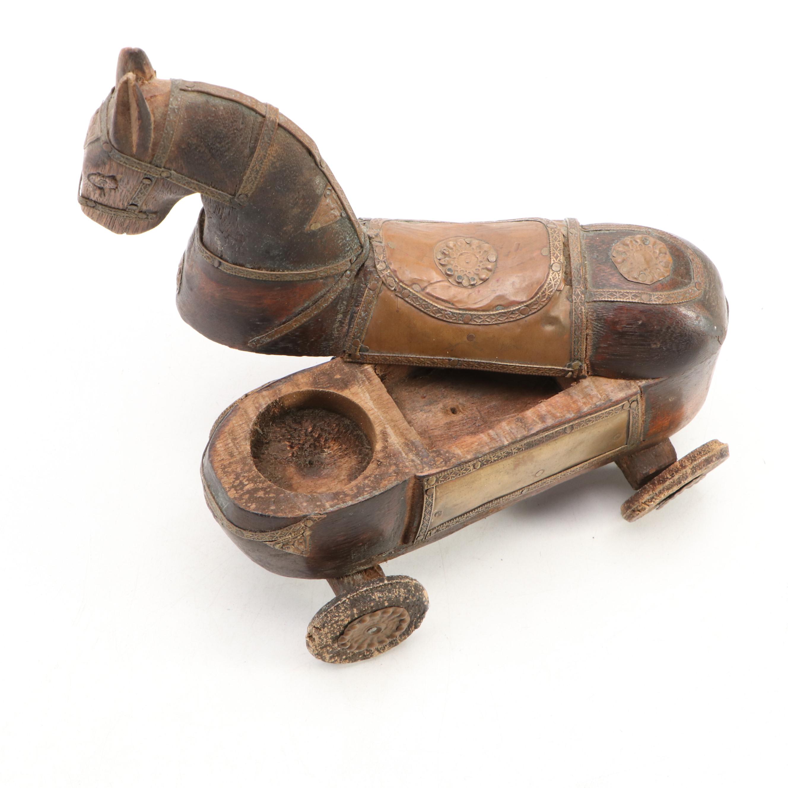 Rajasthani Indian Brass Mounted Wood Horse Spice Box, Late 19th/Early 20th C.