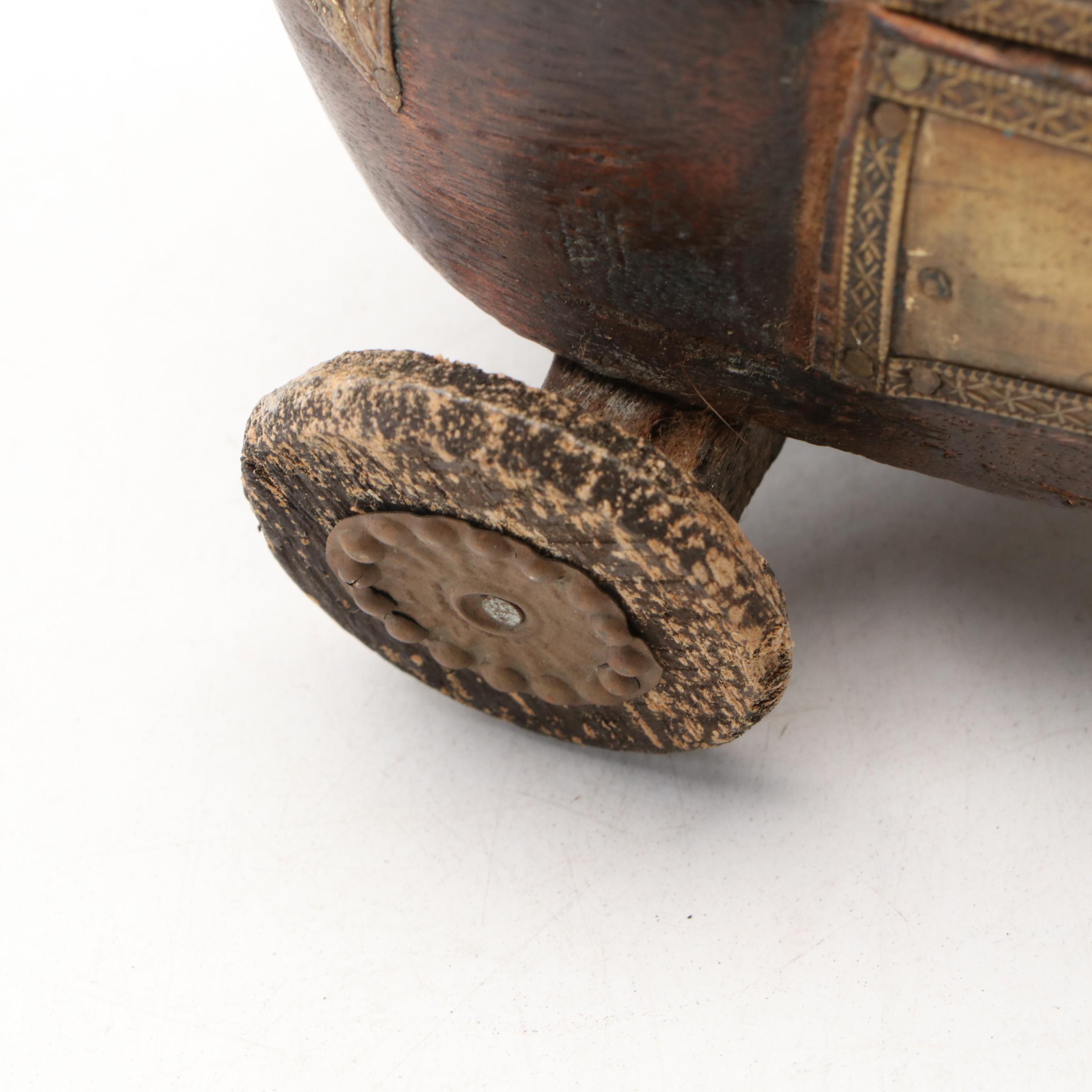 Rajasthani Indian Brass Mounted Wood Horse Spice Box, Late 19th/Early 20th C.