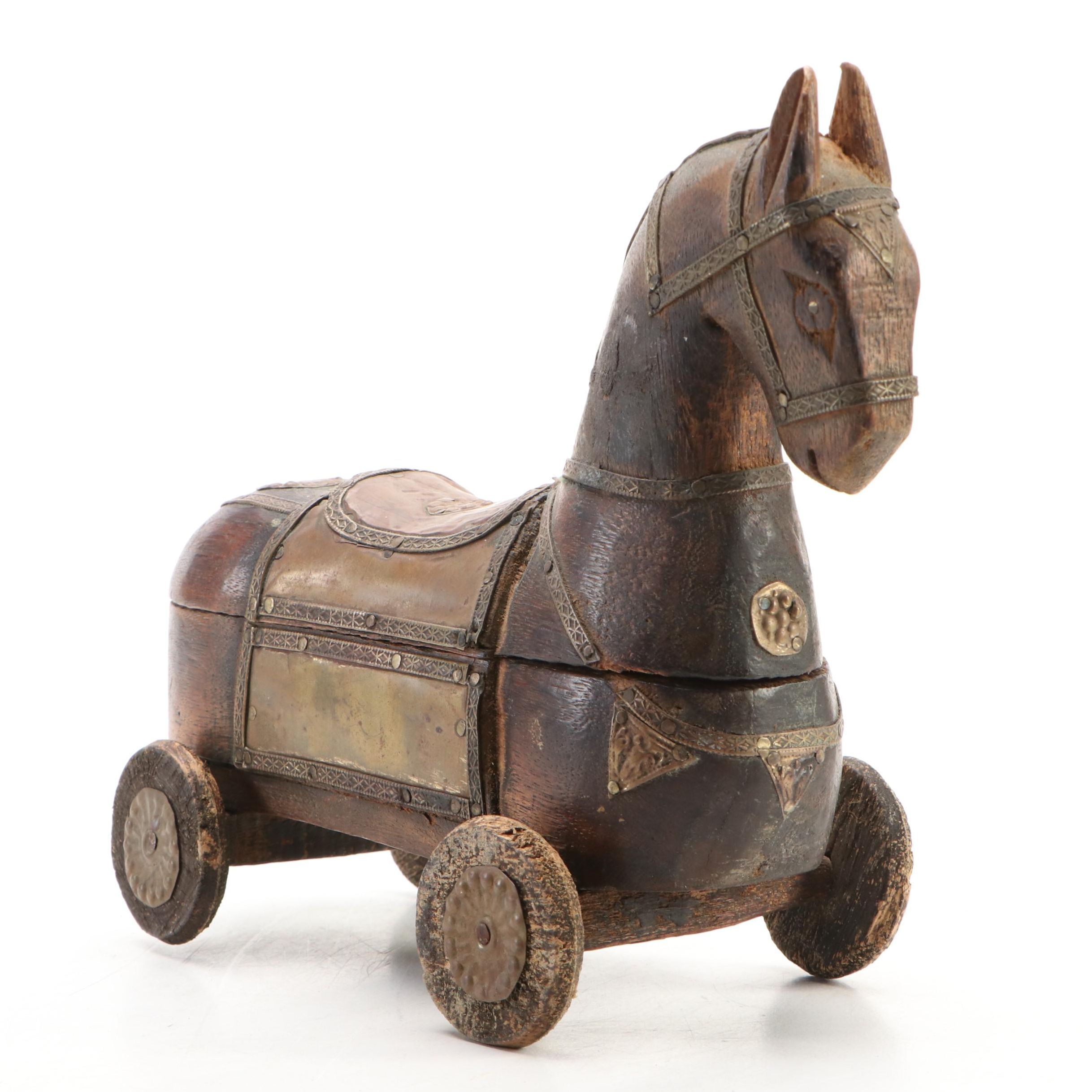 Rajasthani Indian Brass Mounted Wood Horse Spice Box, Late 19th/Early 20th C.