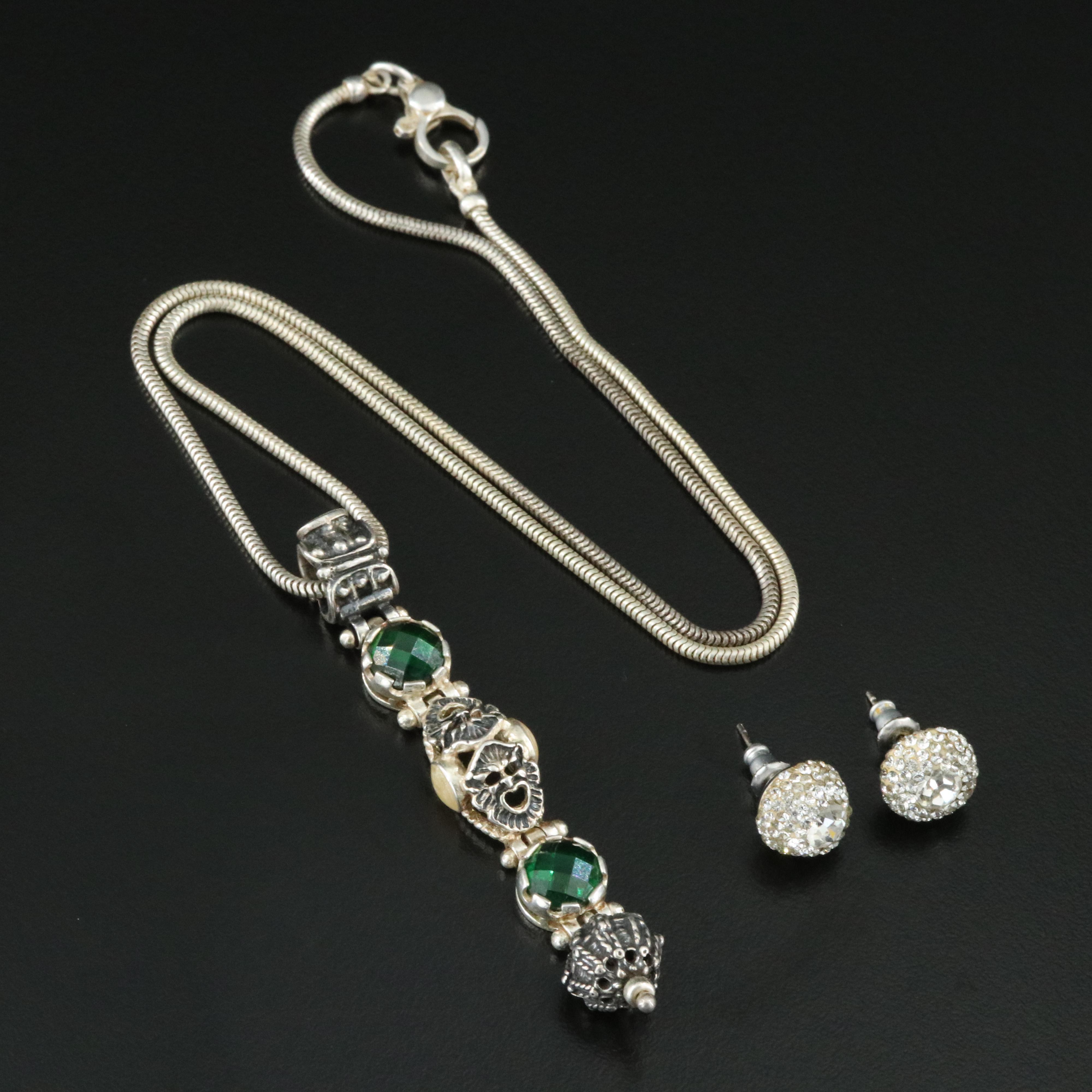 Gerardo Sacco Sterling CZ Mask Pendant Necklace with Rhinestone Earrings