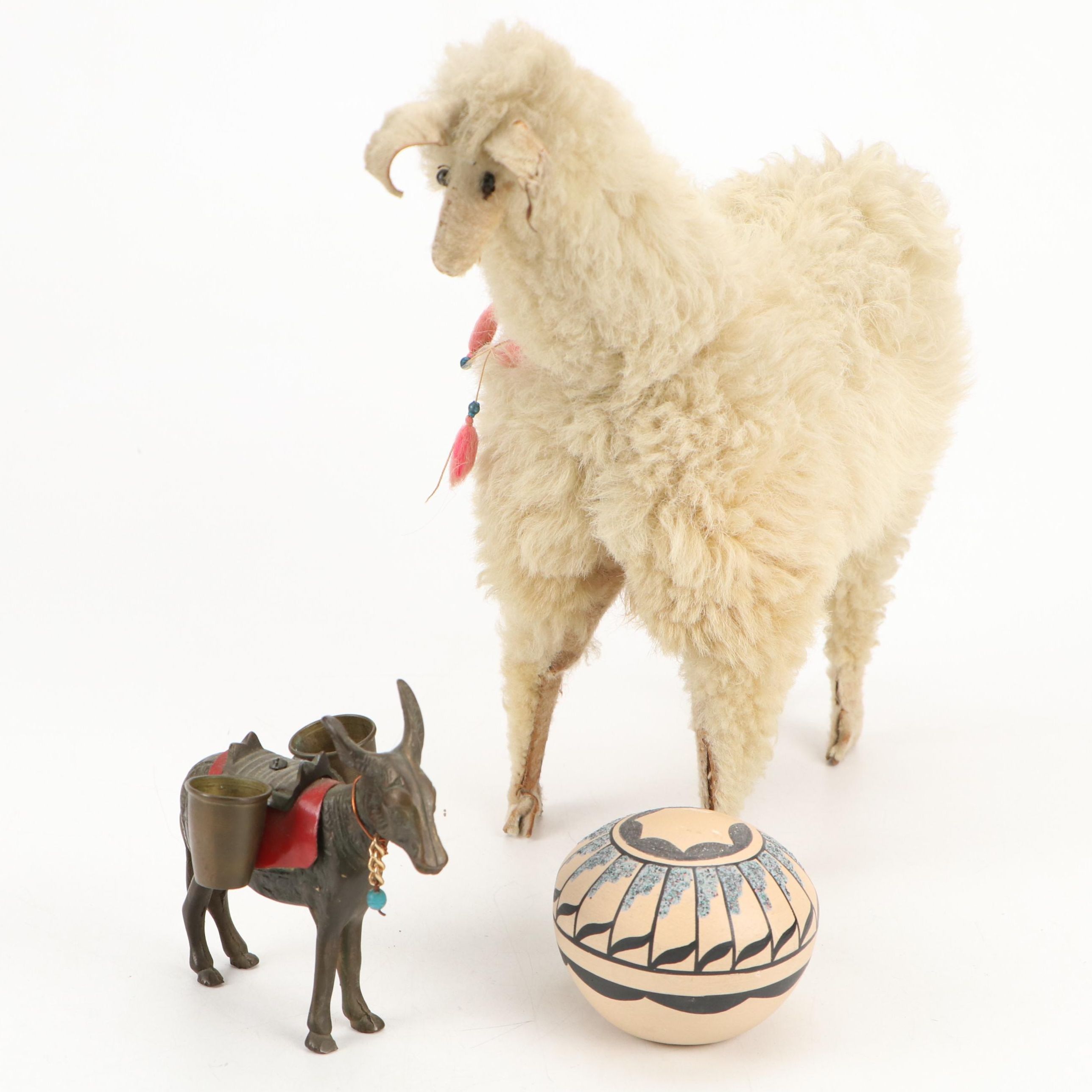 Wool Llama with Metal Mule and Chinana Jemez Pueblo Seed Pot