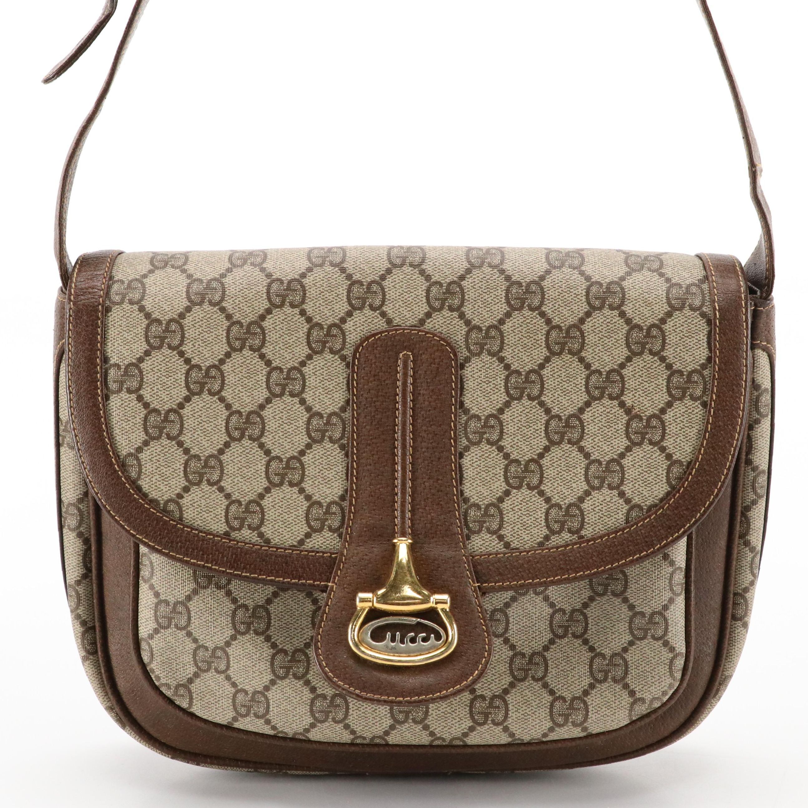 Gucci Front Flap Crossbody in GG Supreme Canvas and Brown Clinghide Leather