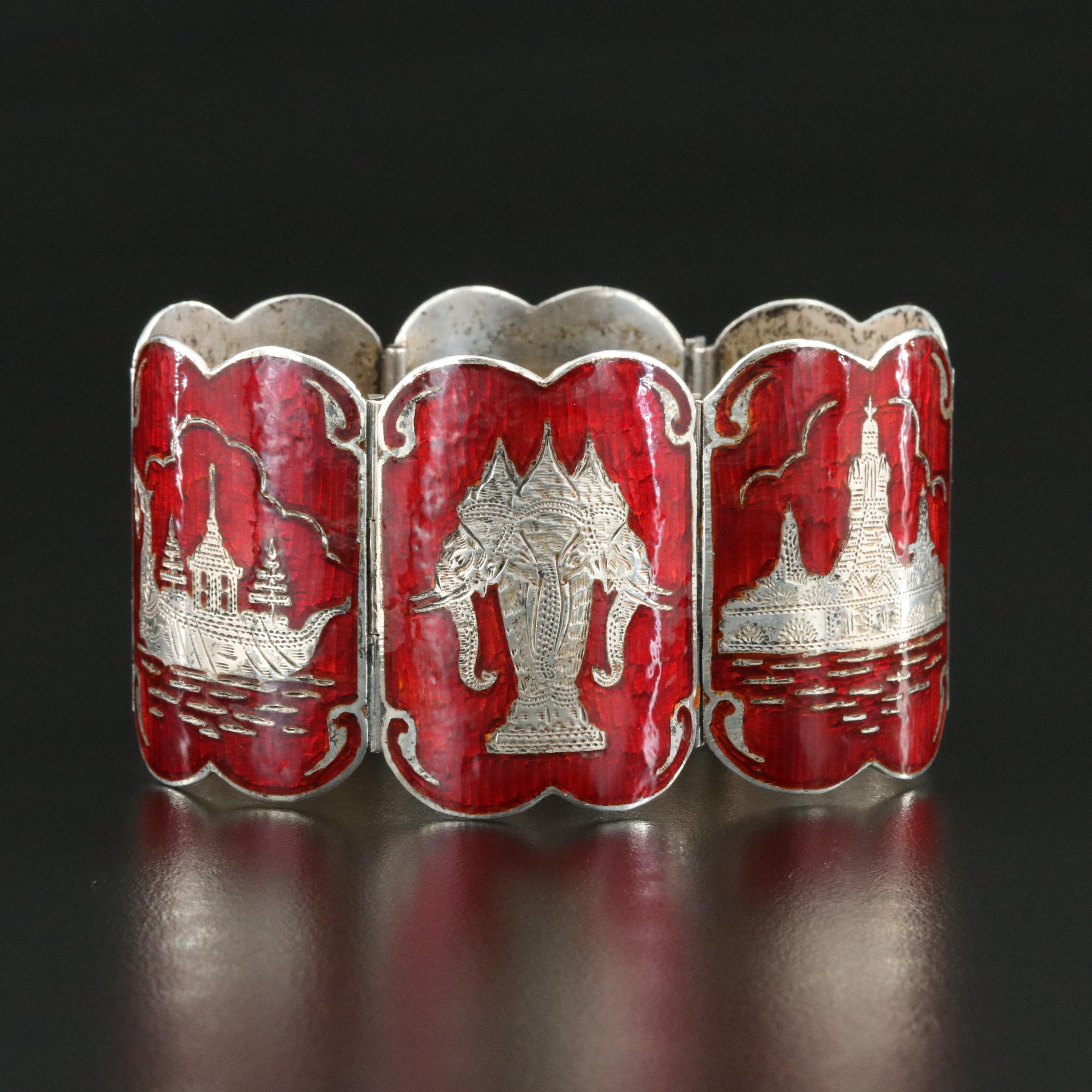 Vintage Siam Sterling Enamel Panel Bracelet