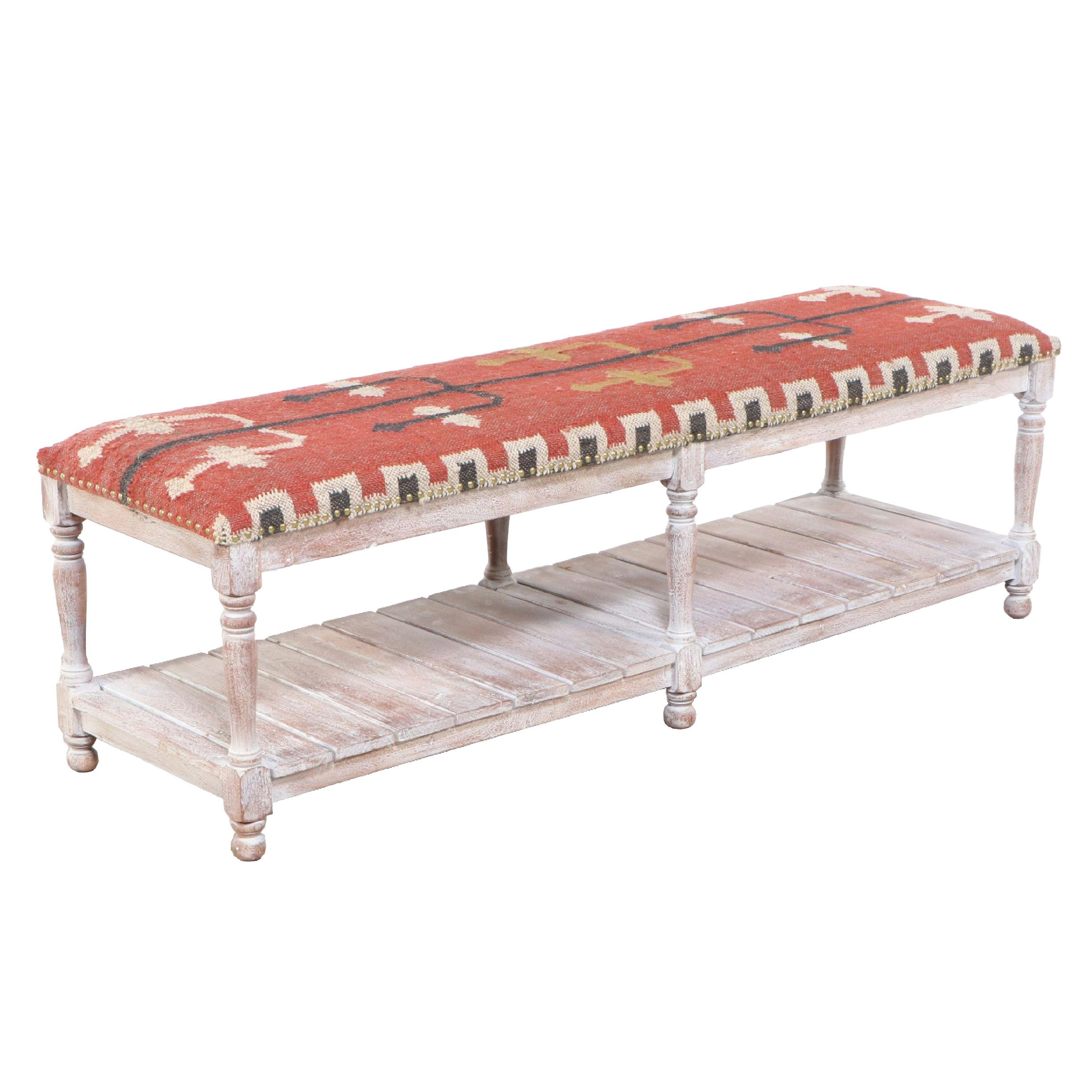 Handwoven Kilim Upholstered Wood Bench