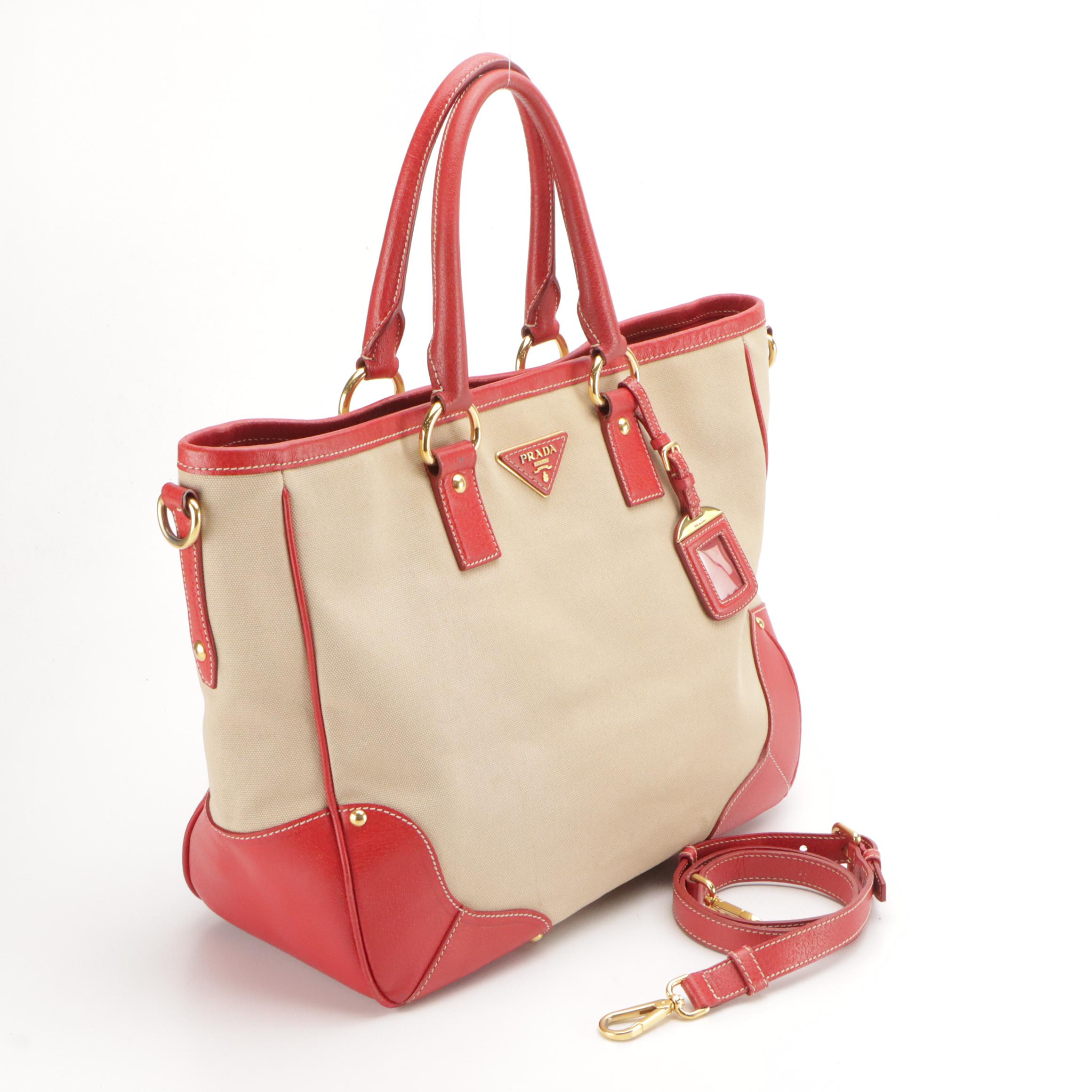 Prada Red Leather Trimmed Canvas Two-Way Tote Bag