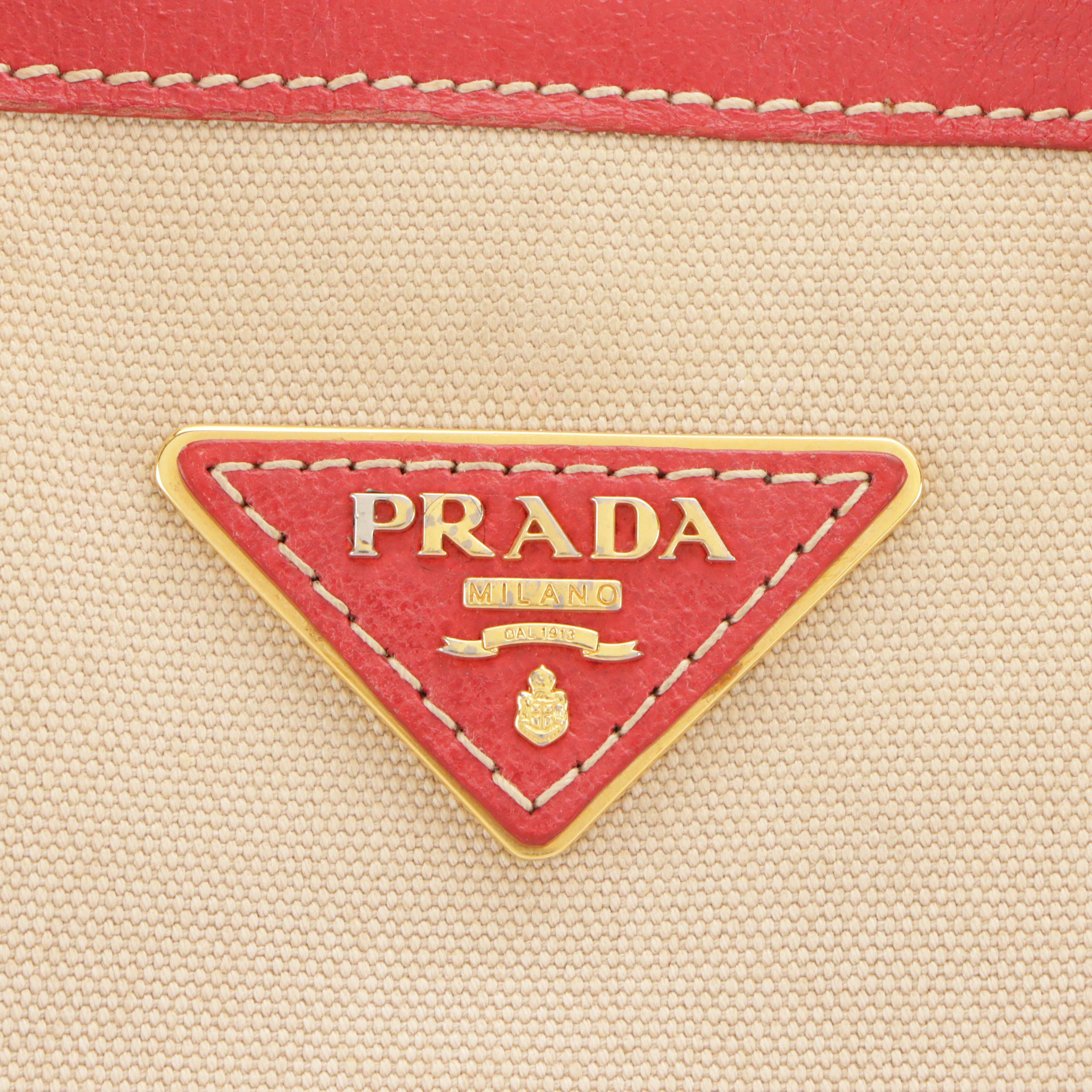 Prada Red Leather Trimmed Canvas Two-Way Tote Bag