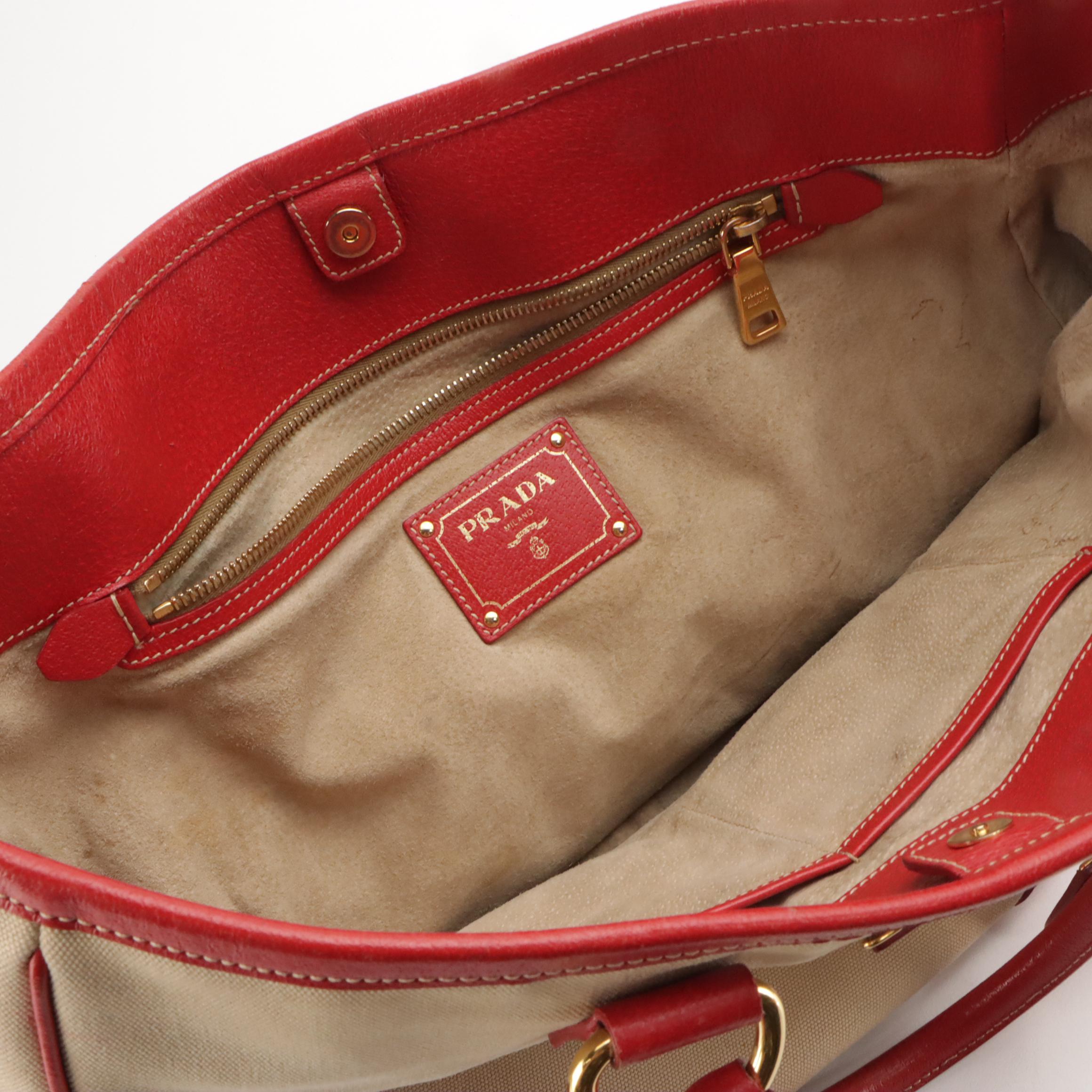 Prada Red Leather Trimmed Canvas Two-Way Tote Bag