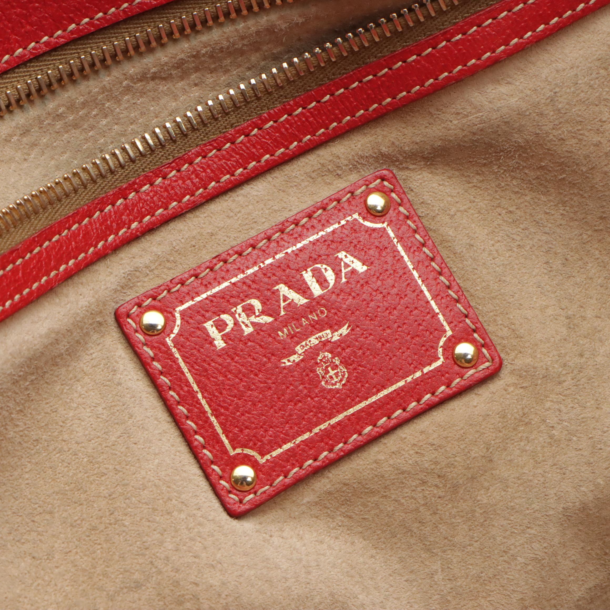 Prada Red Leather Trimmed Canvas Two-Way Tote Bag