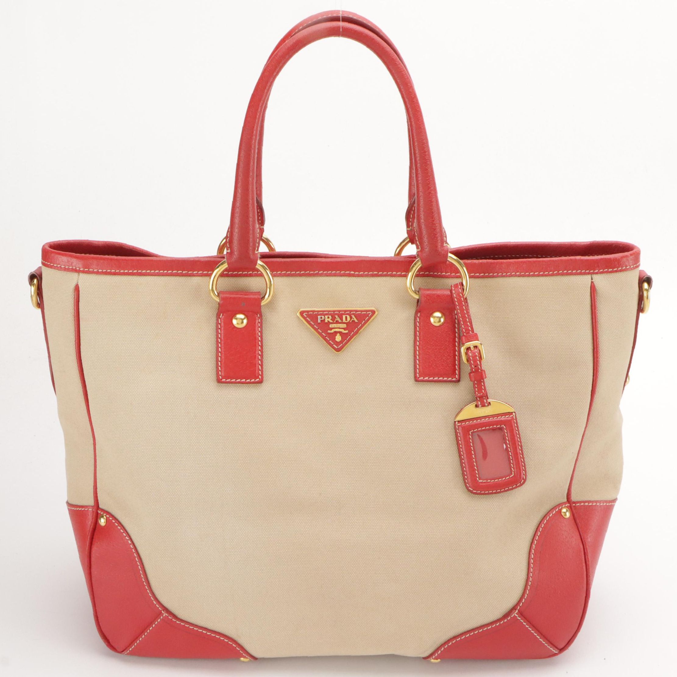 Prada Red Leather Trimmed Canvas Two-Way Tote Bag