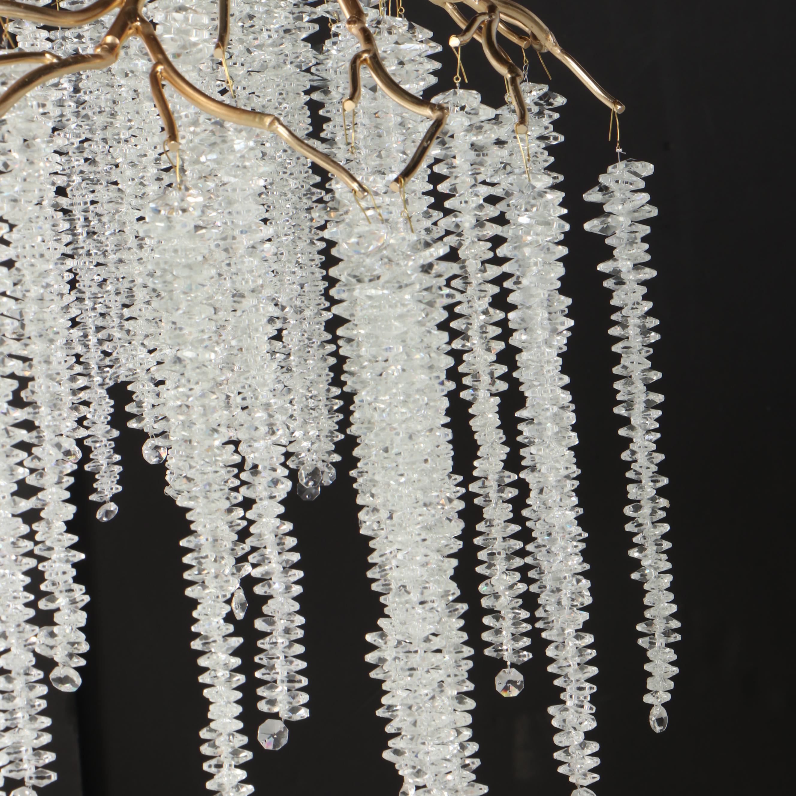 Luxe Gilt Metal Branchwork Chandelier with Hanging Crystal Bead Icicles