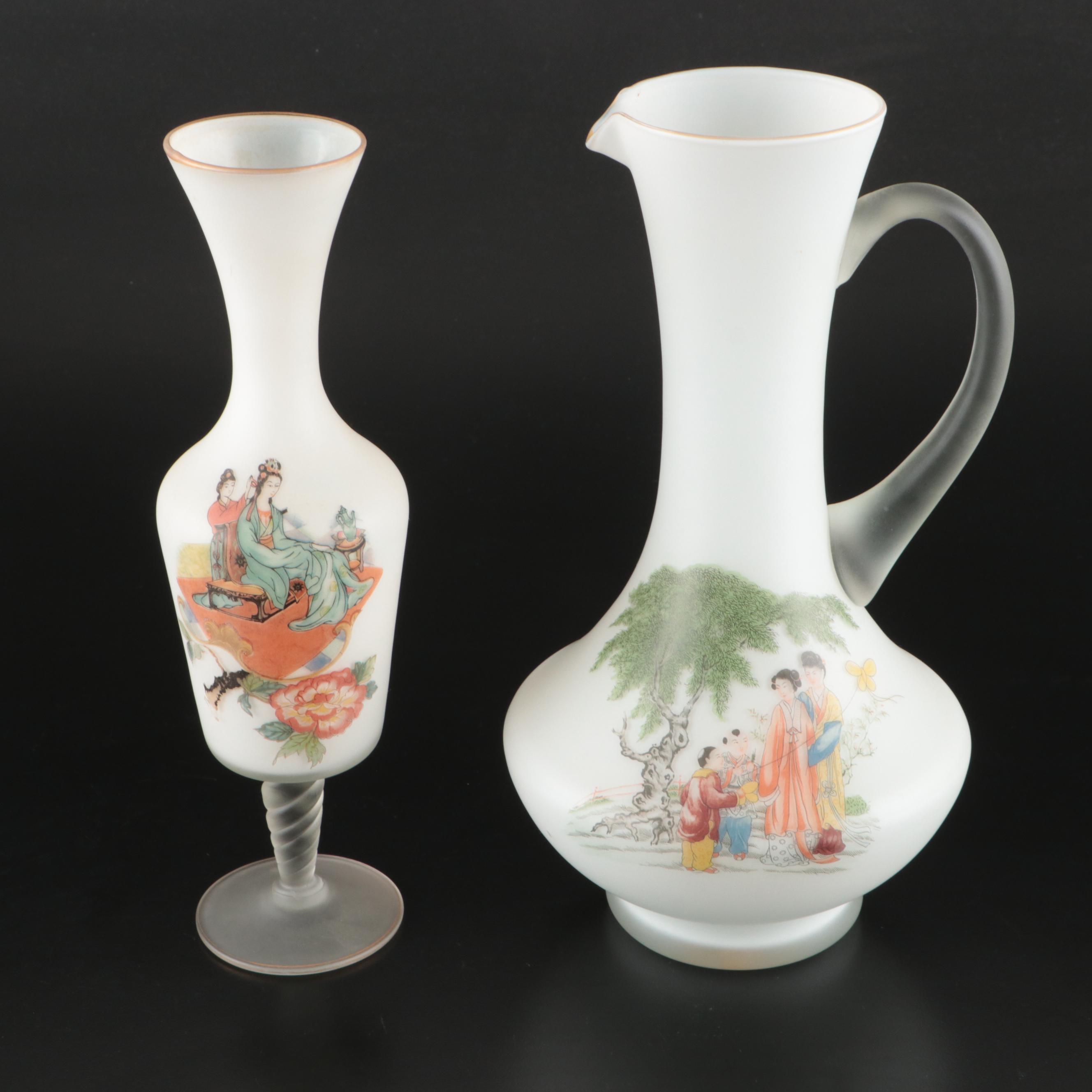 Italian Stain Glass Pitcher with Footed Vase, Mid to Late 20th Century