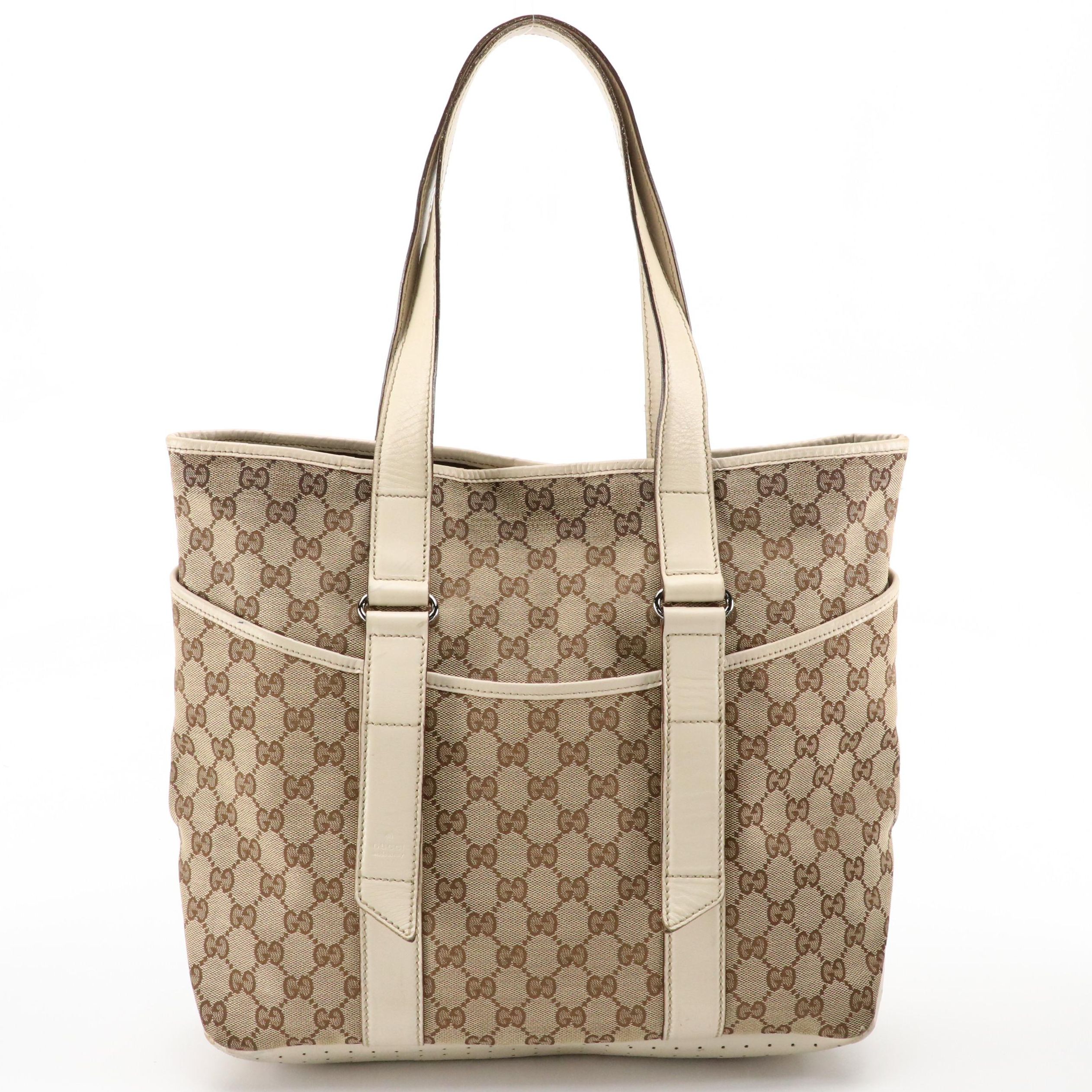 Gucci Shoulder Tote in GG Canvas and Cream Perforated Leather