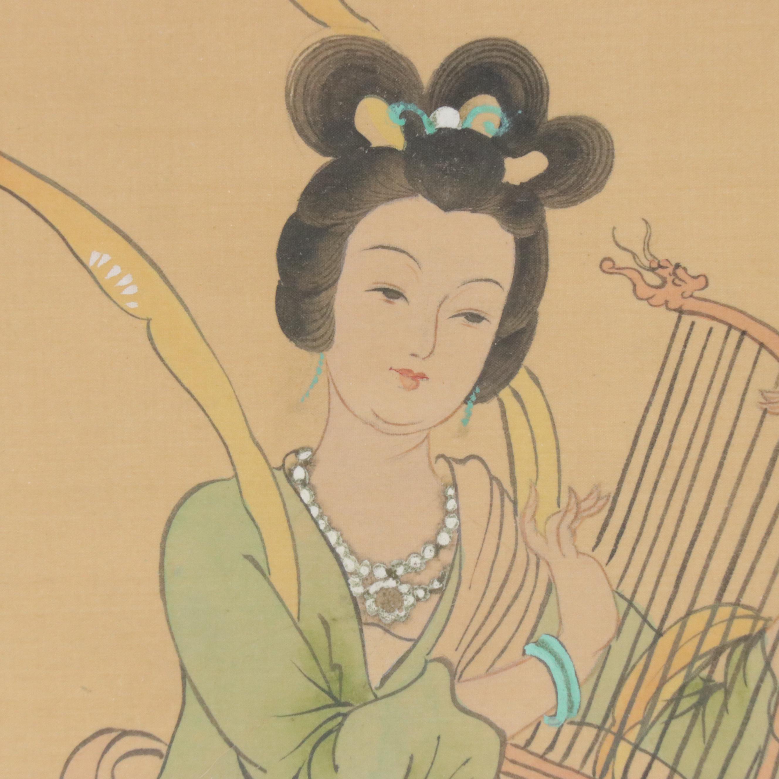 Chinese Gouache Painting on Silk Depicting Celestial Woman