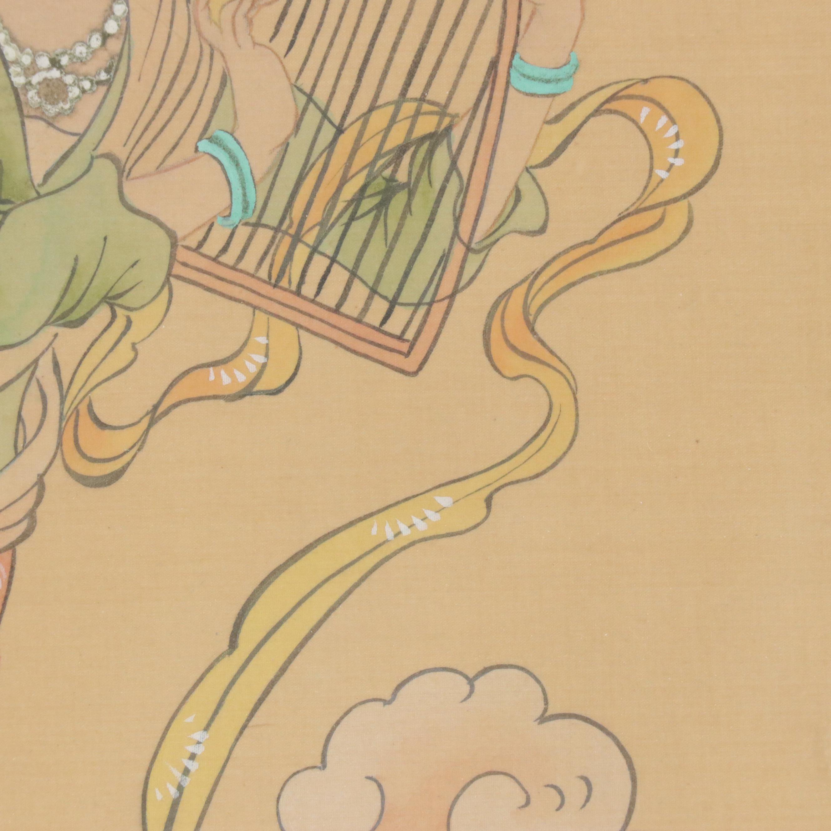 Chinese Gouache Painting on Silk Depicting Celestial Woman