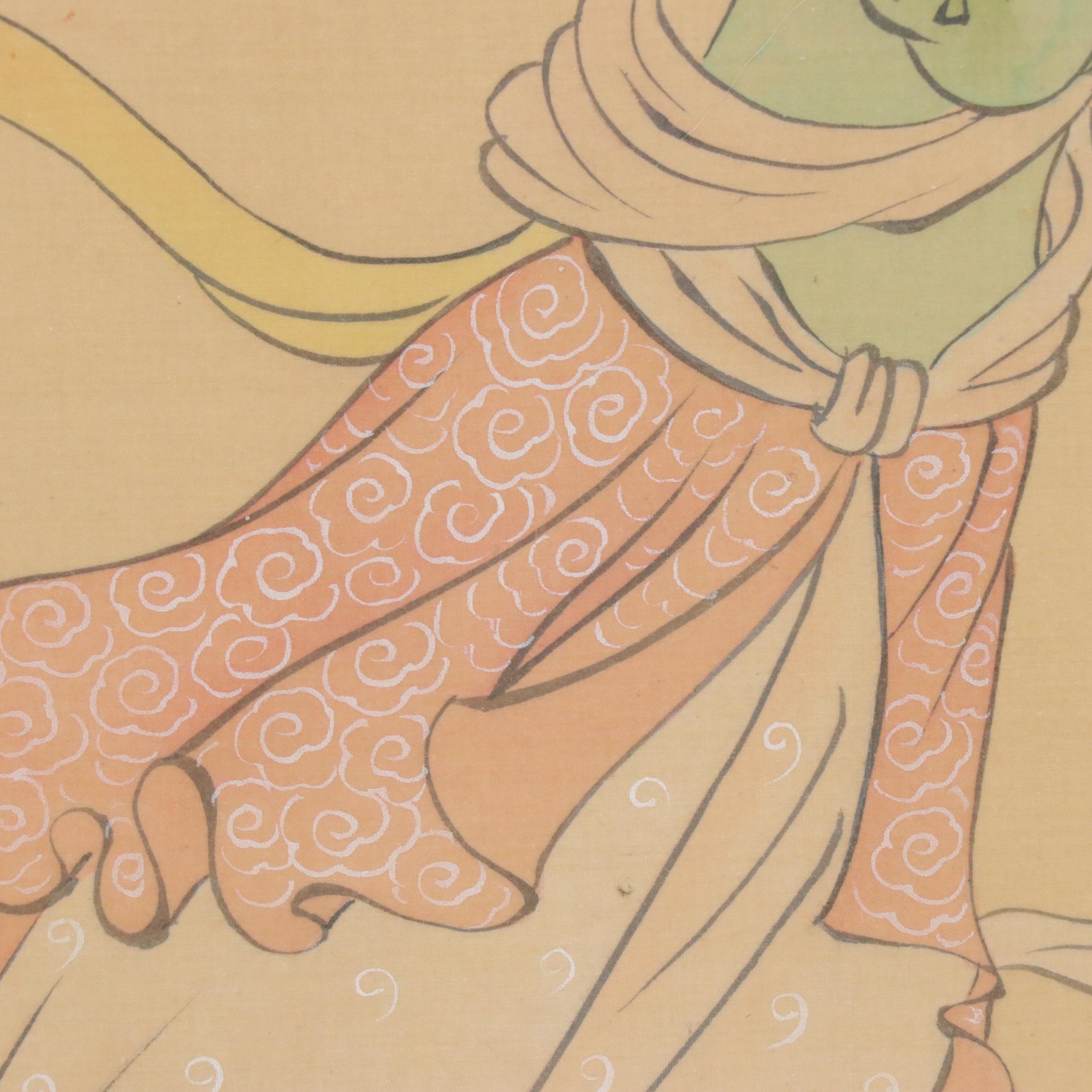 Chinese Gouache Painting on Silk Depicting Celestial Woman
