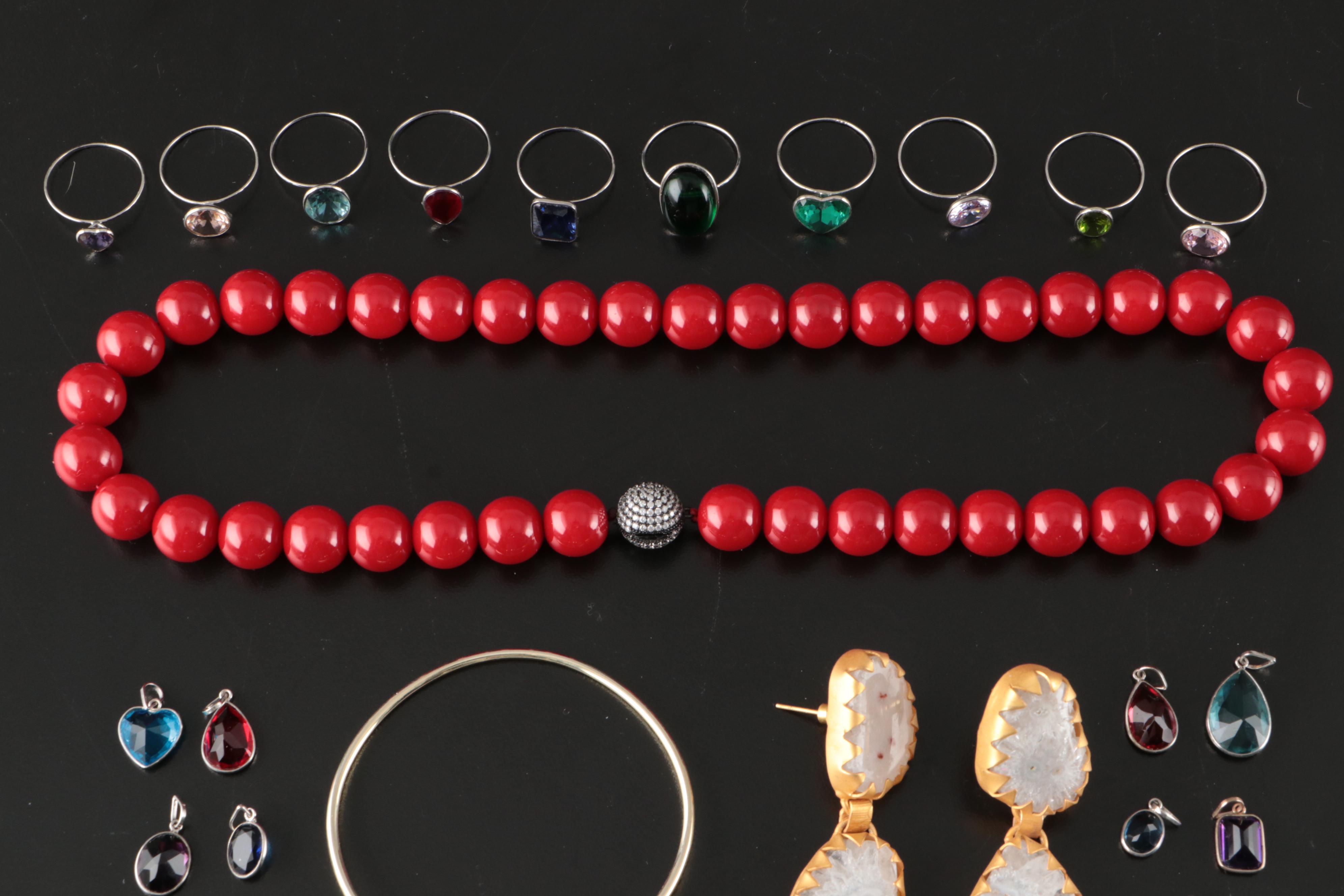 23 Silver Plated Bracelets, Rings, Earrings, and Pendants With Glass Stones