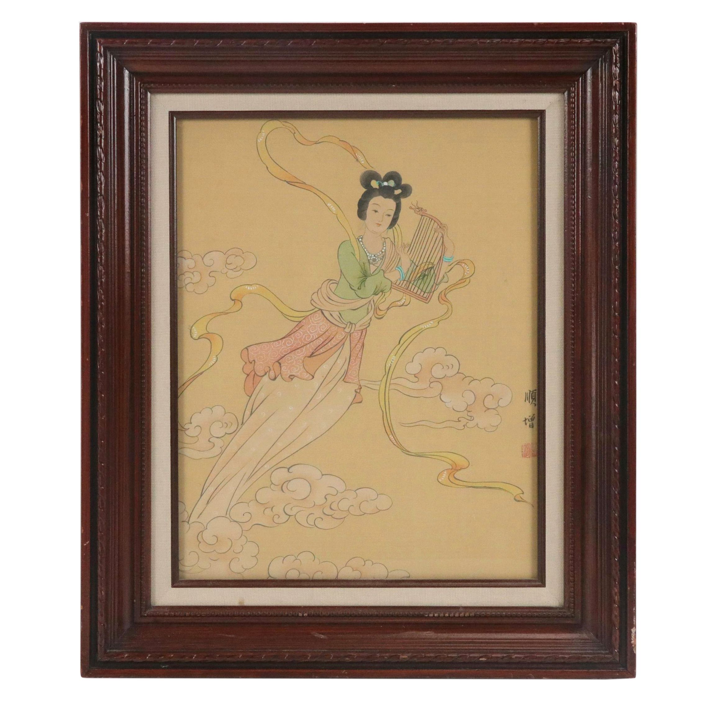 Chinese Gouache Painting on Silk Depicting Celestial Woman