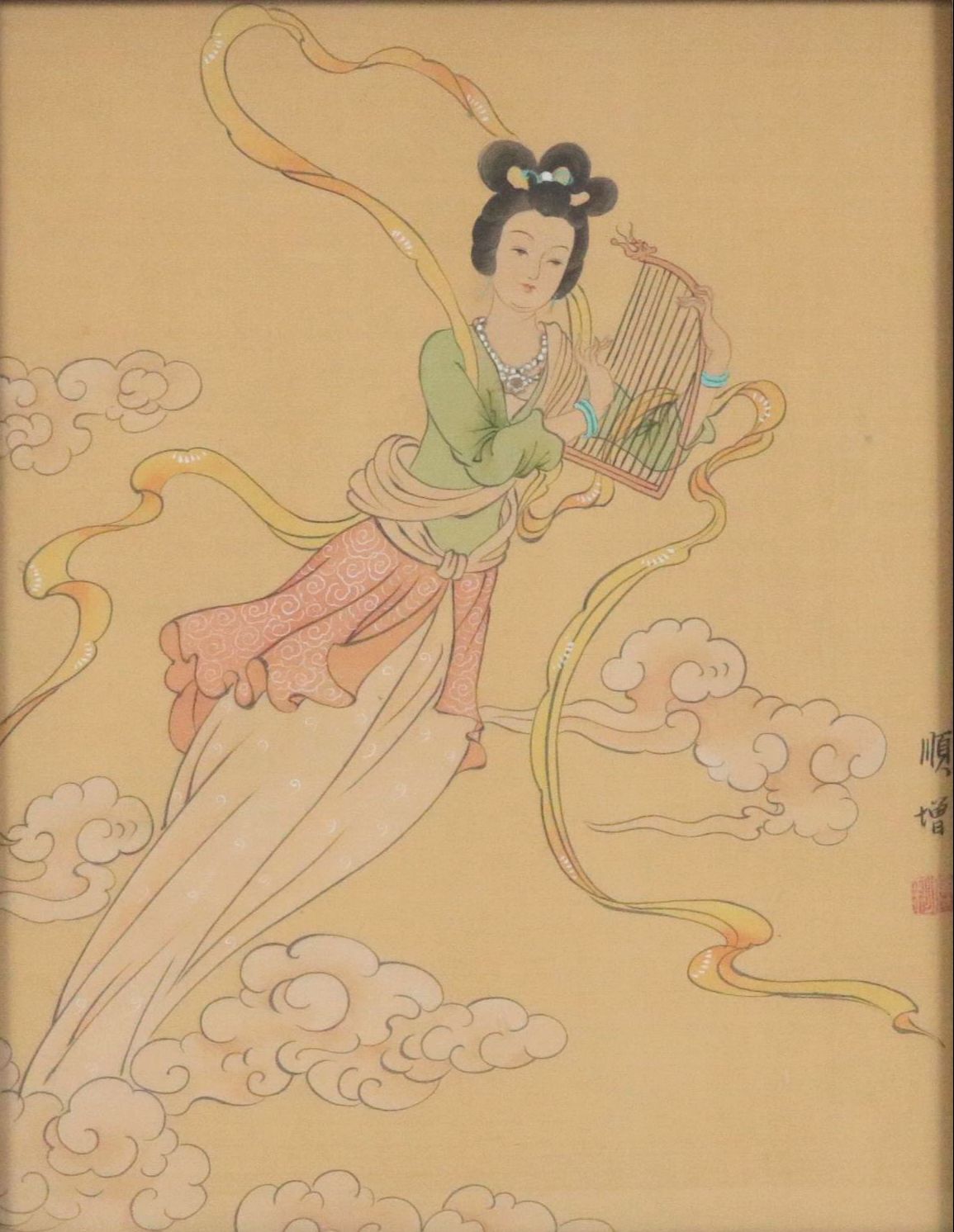 Chinese Gouache Painting on Silk Depicting Celestial Woman