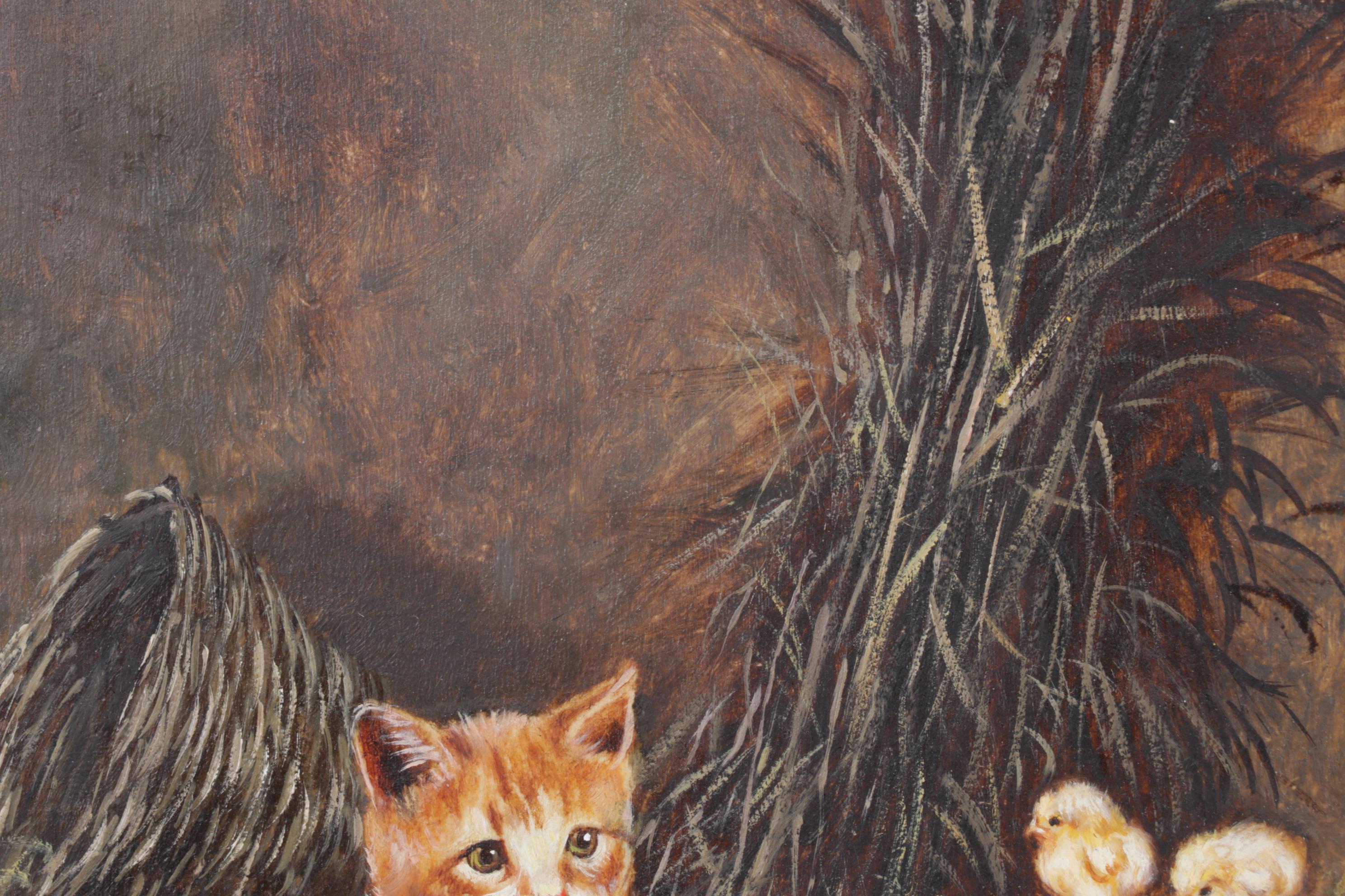 Eduardo Cerrone Signed Oil Painting of Cat & Chickens