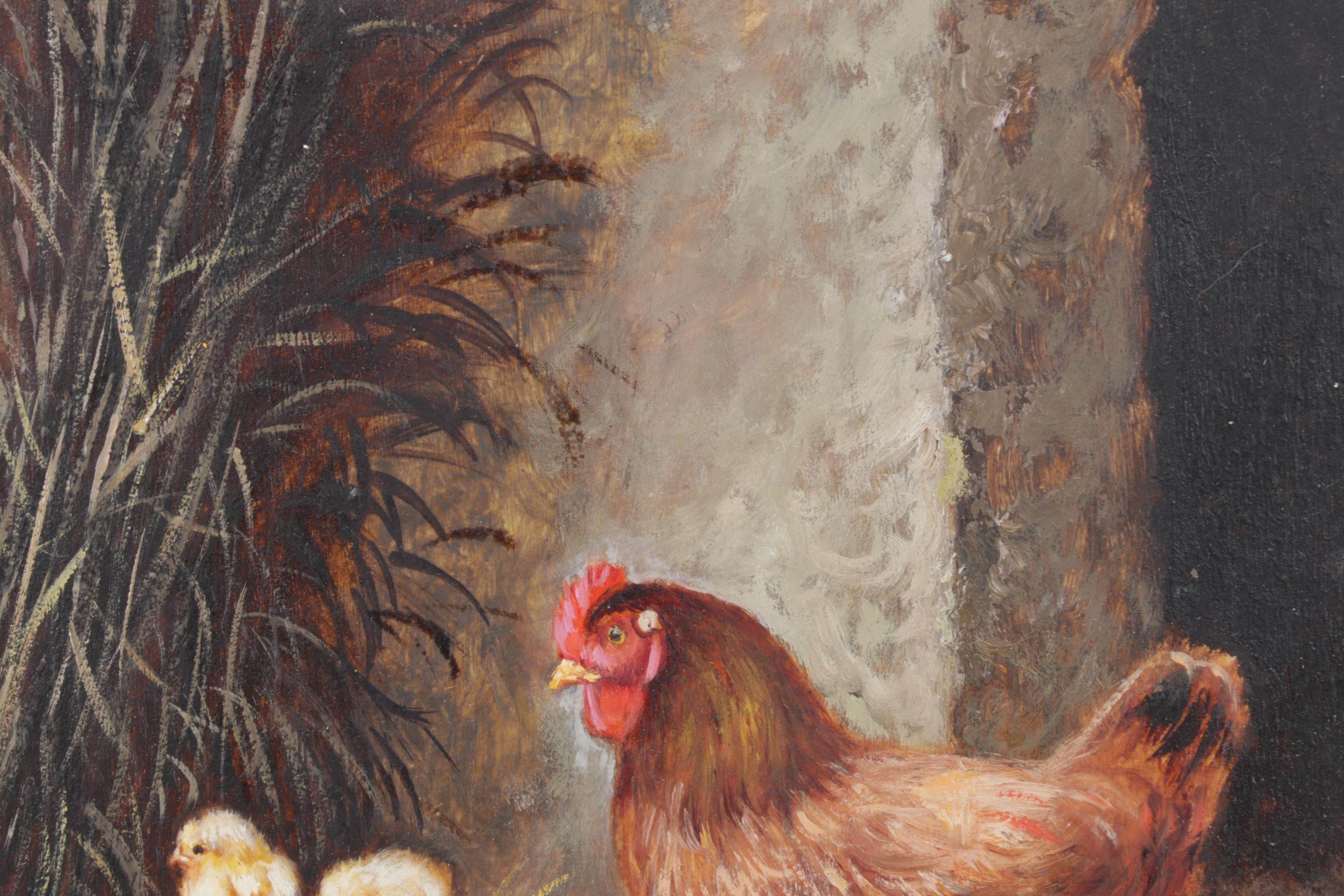 Eduardo Cerrone Signed Oil Painting of Cat & Chickens