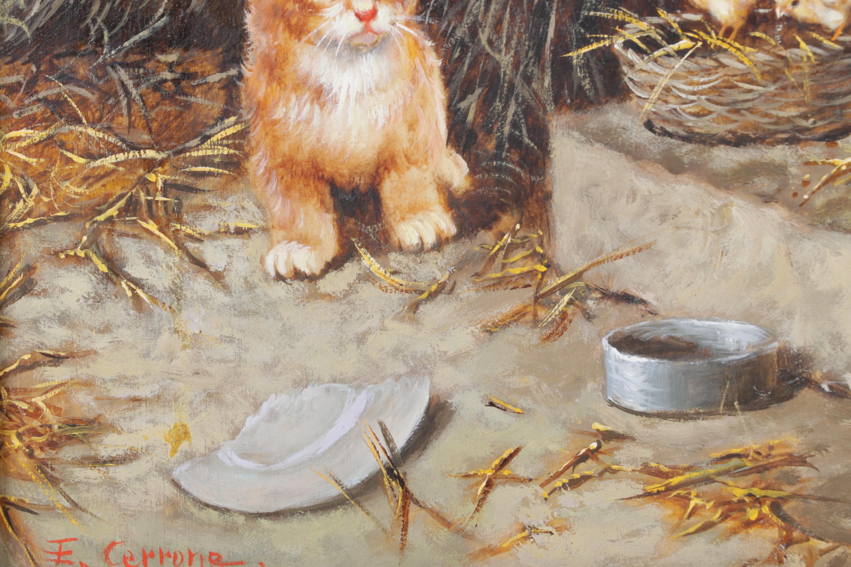 Eduardo Cerrone Signed Oil Painting of Cat & Chickens