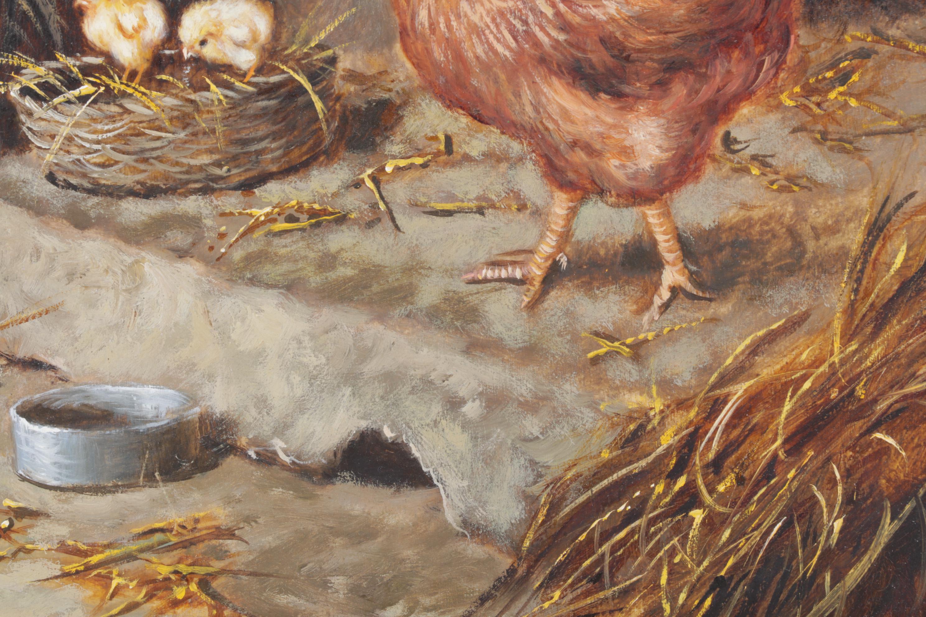Eduardo Cerrone Signed Oil Painting of Cat & Chickens