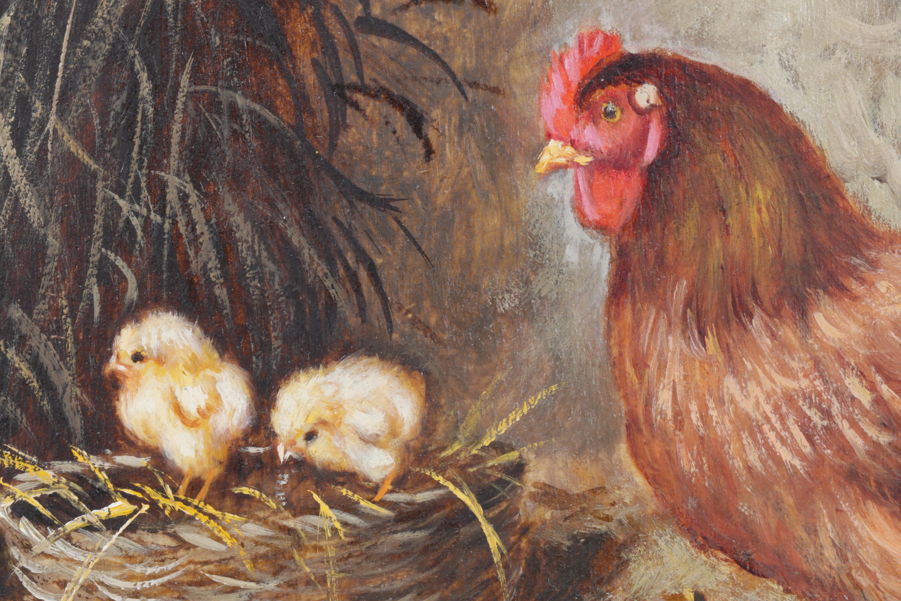 Eduardo Cerrone Signed Oil Painting of Cat & Chickens