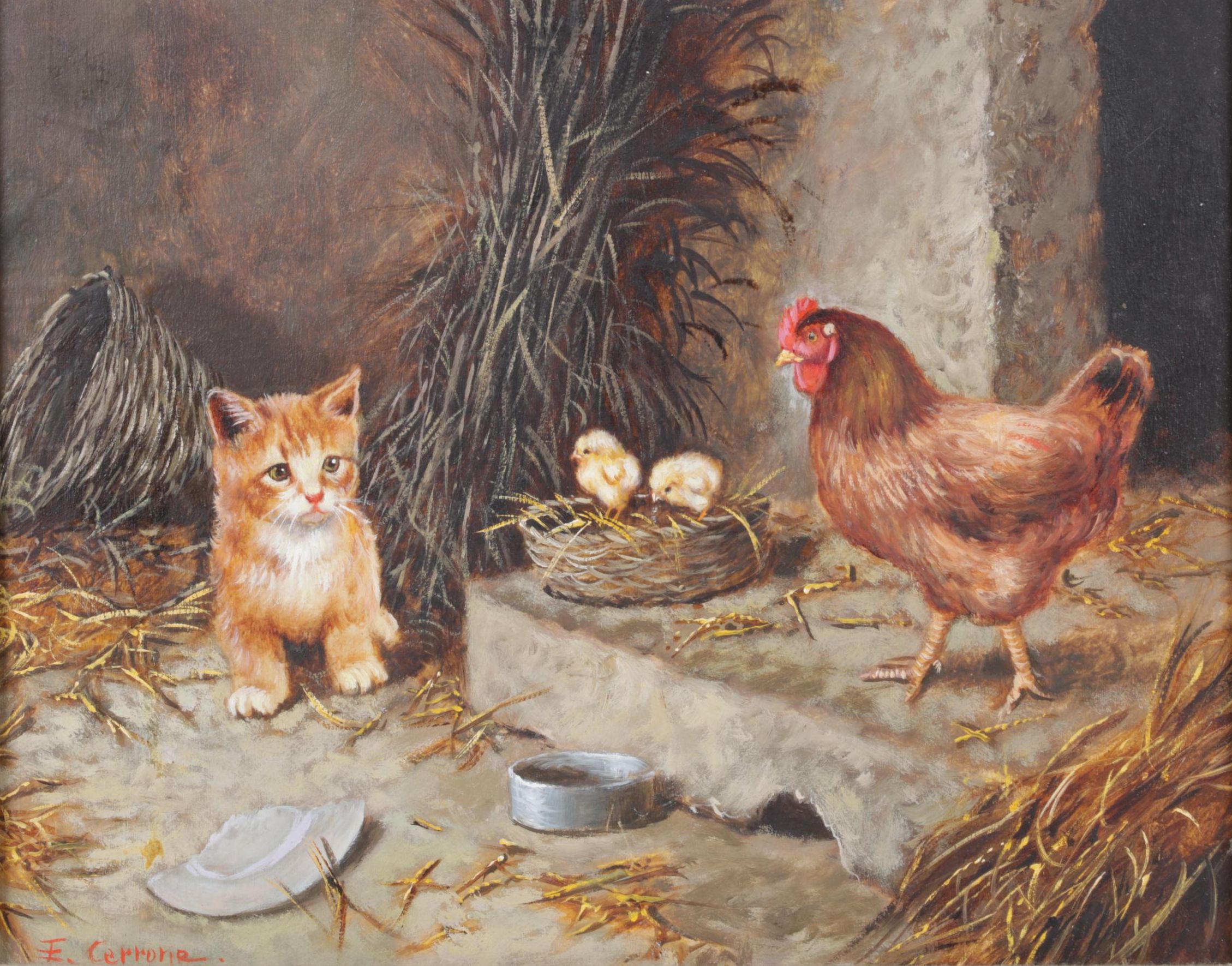 Eduardo Cerrone Signed Oil Painting of Cat & Chickens