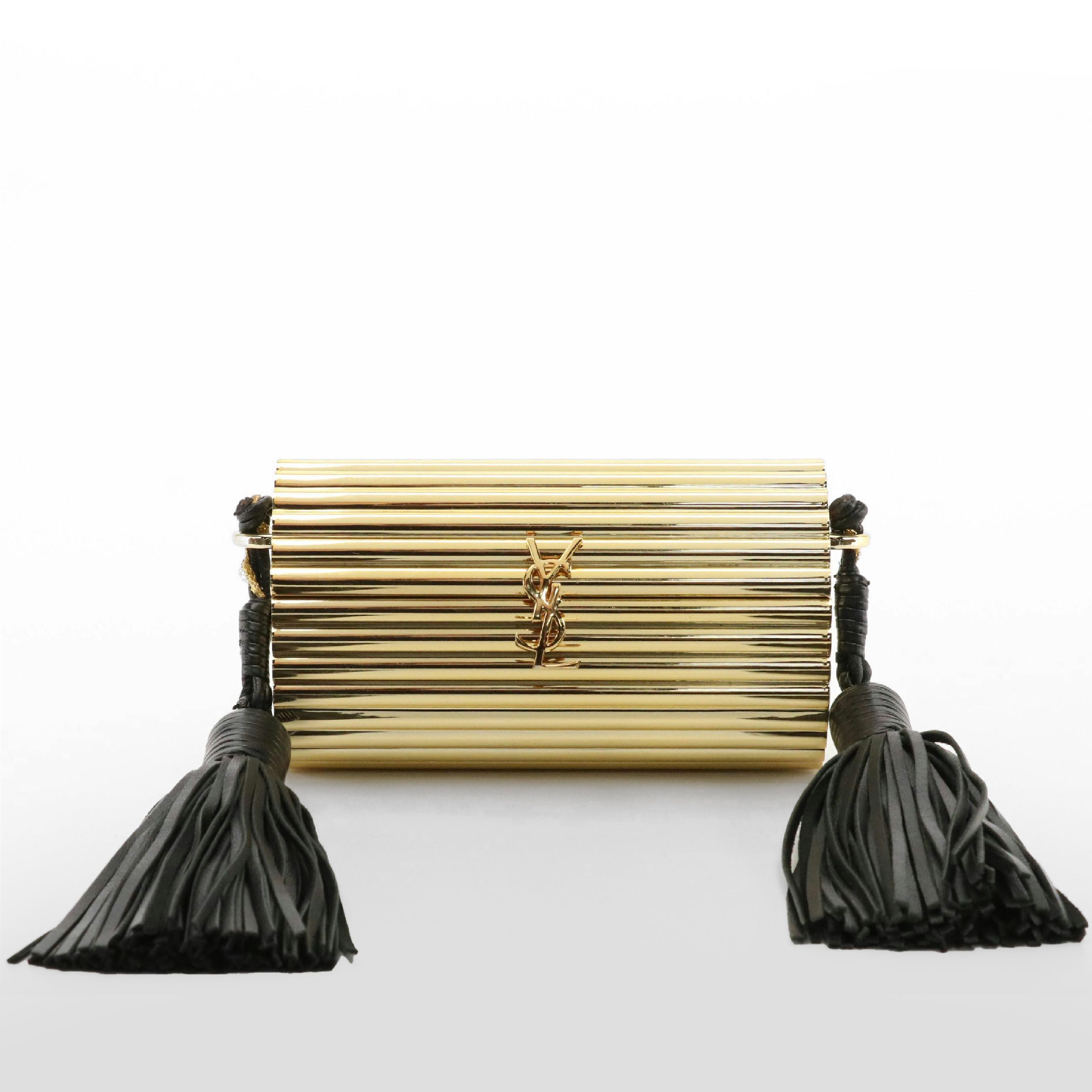 Saint Laurent YSL Leather Fringe Accented Clutch in Gold Tone Ribbed Metal