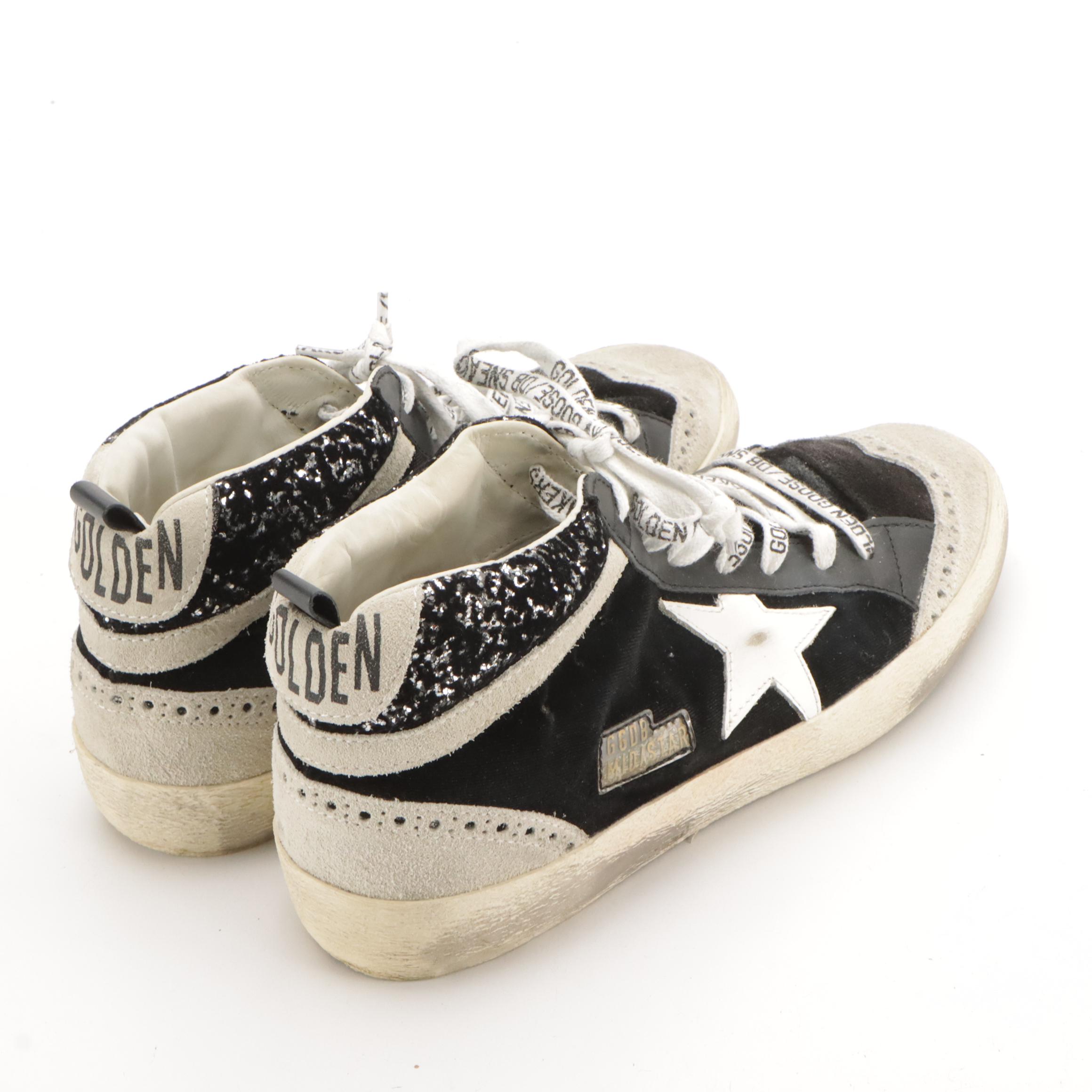 Golden Goose Mid-Star Black Velvet, Grey Suede and Silver Glitter Sneakers