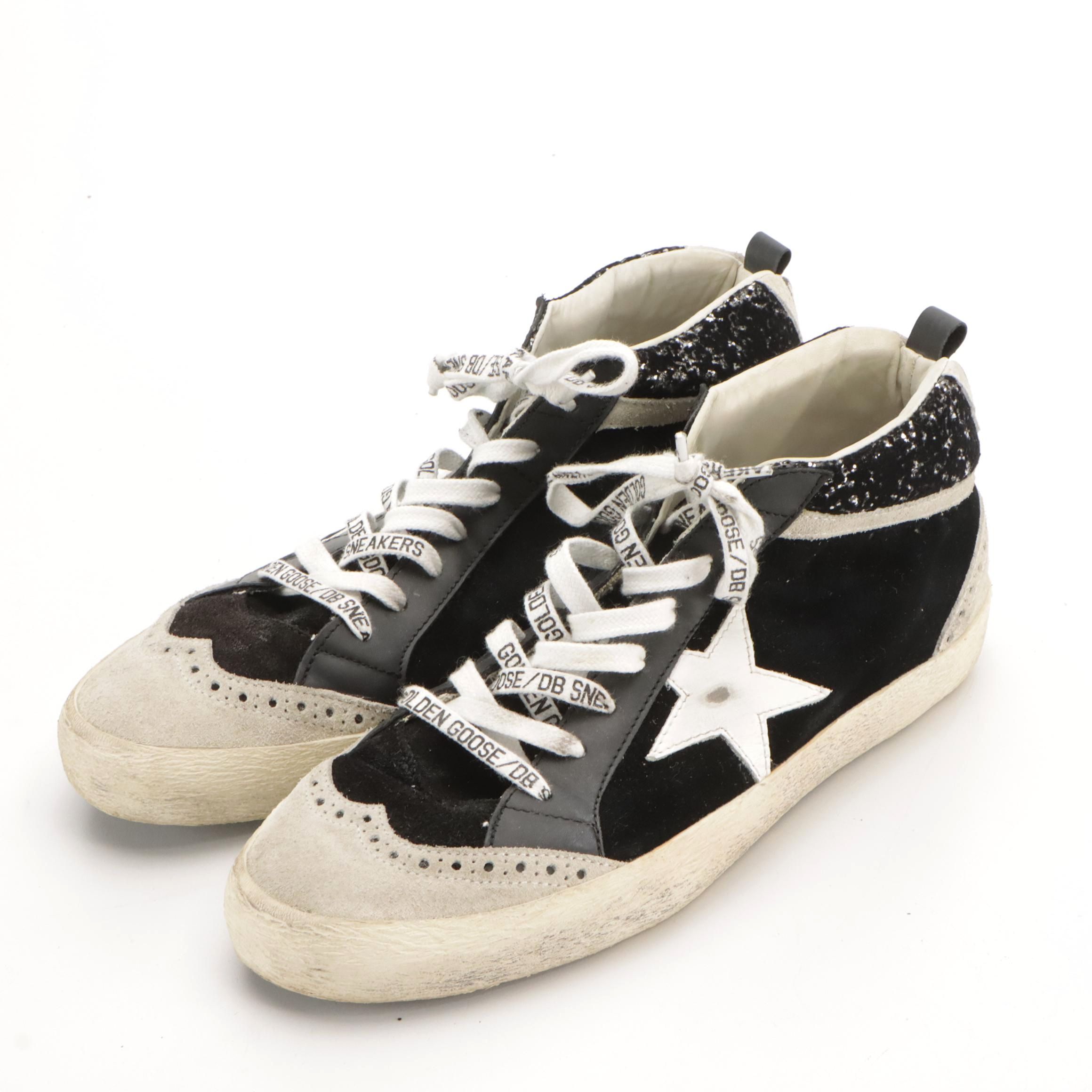 Golden Goose Mid-Star Black Velvet, Grey Suede and Silver Glitter Sneakers