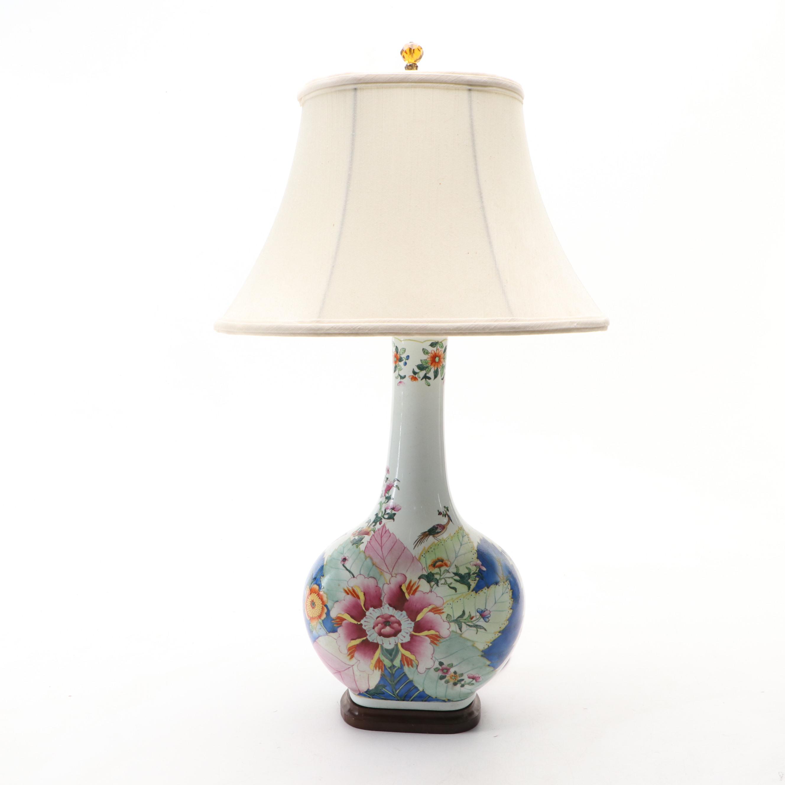 Chinese Porcelain Tobacco Leaf Vase Lamp with Canterbury Roseart Silk Shade