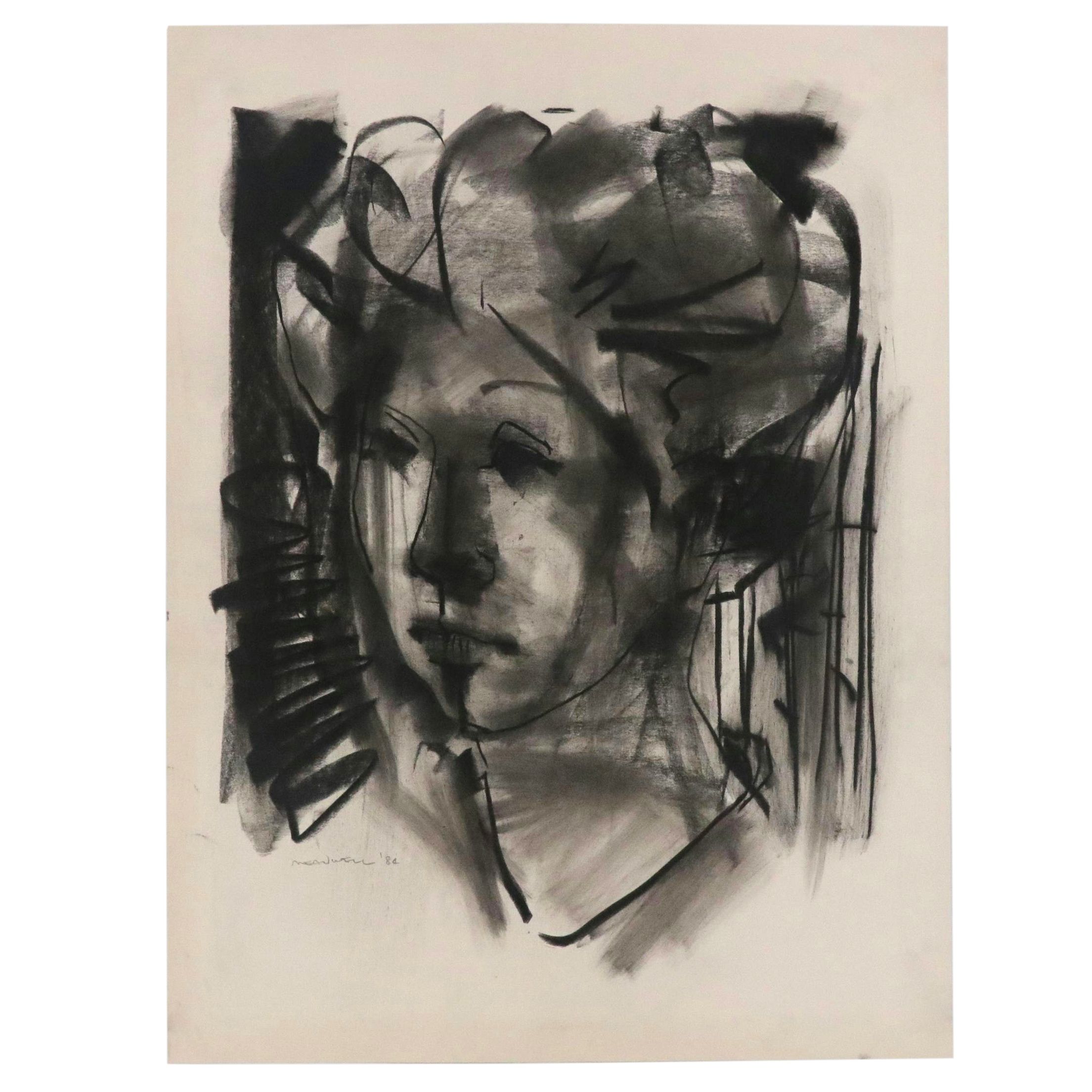 Jack Meanwell Abstract Expressionist Charcoal Portrait, 1984