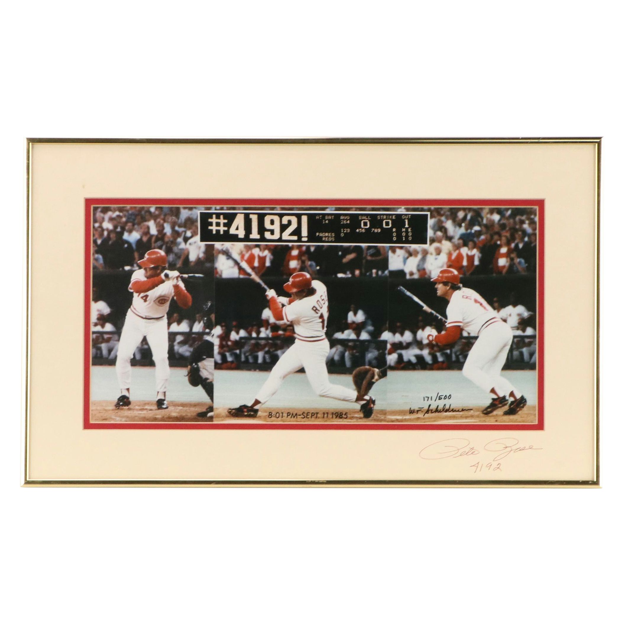 Pete Rose Signed Photograph of Hitting Record Game, Circa 1985