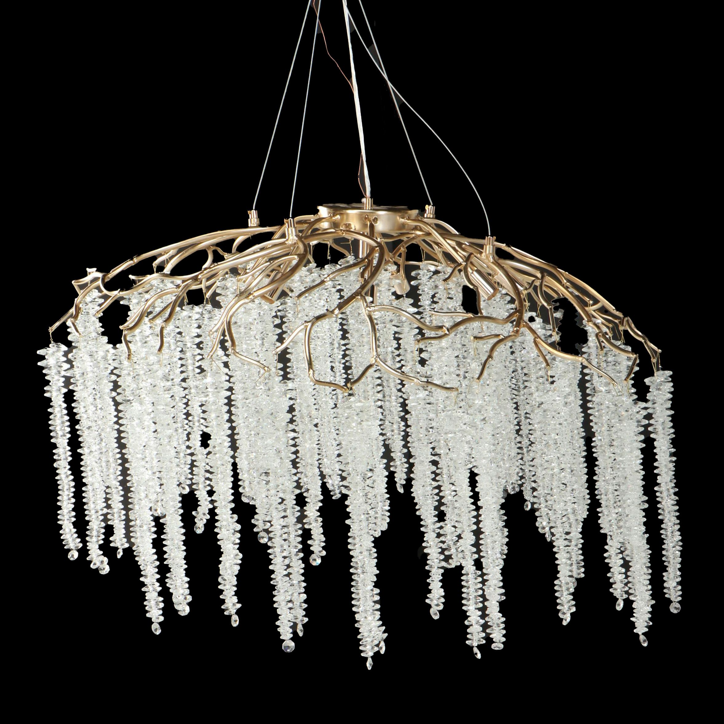 Luxe Gilt Metal Branchwork Chandelier with Hanging Crystal Bead Icicles