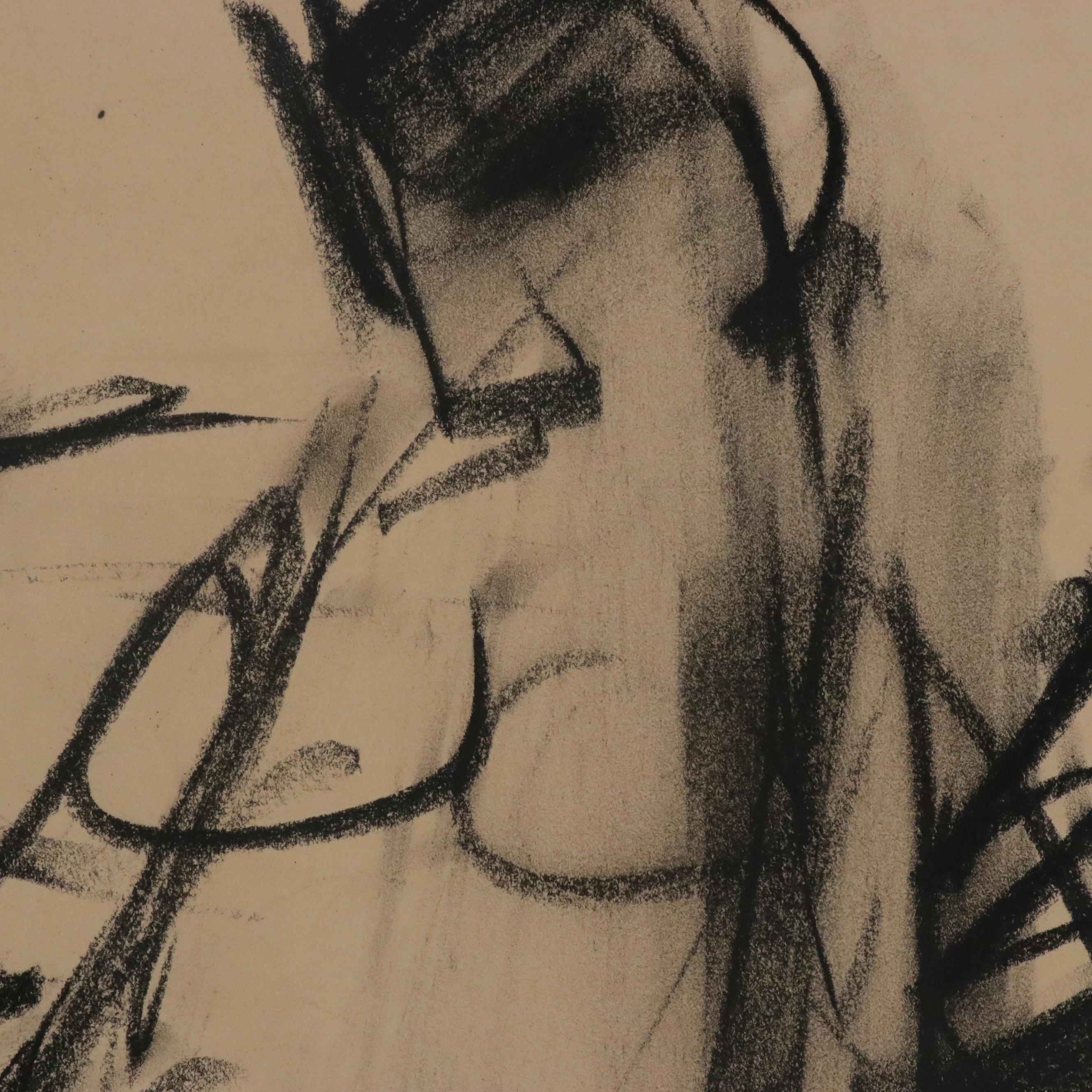Jack Meanwell Abstract Expressionist Charcoal Figure Drawing, Late 20th Century