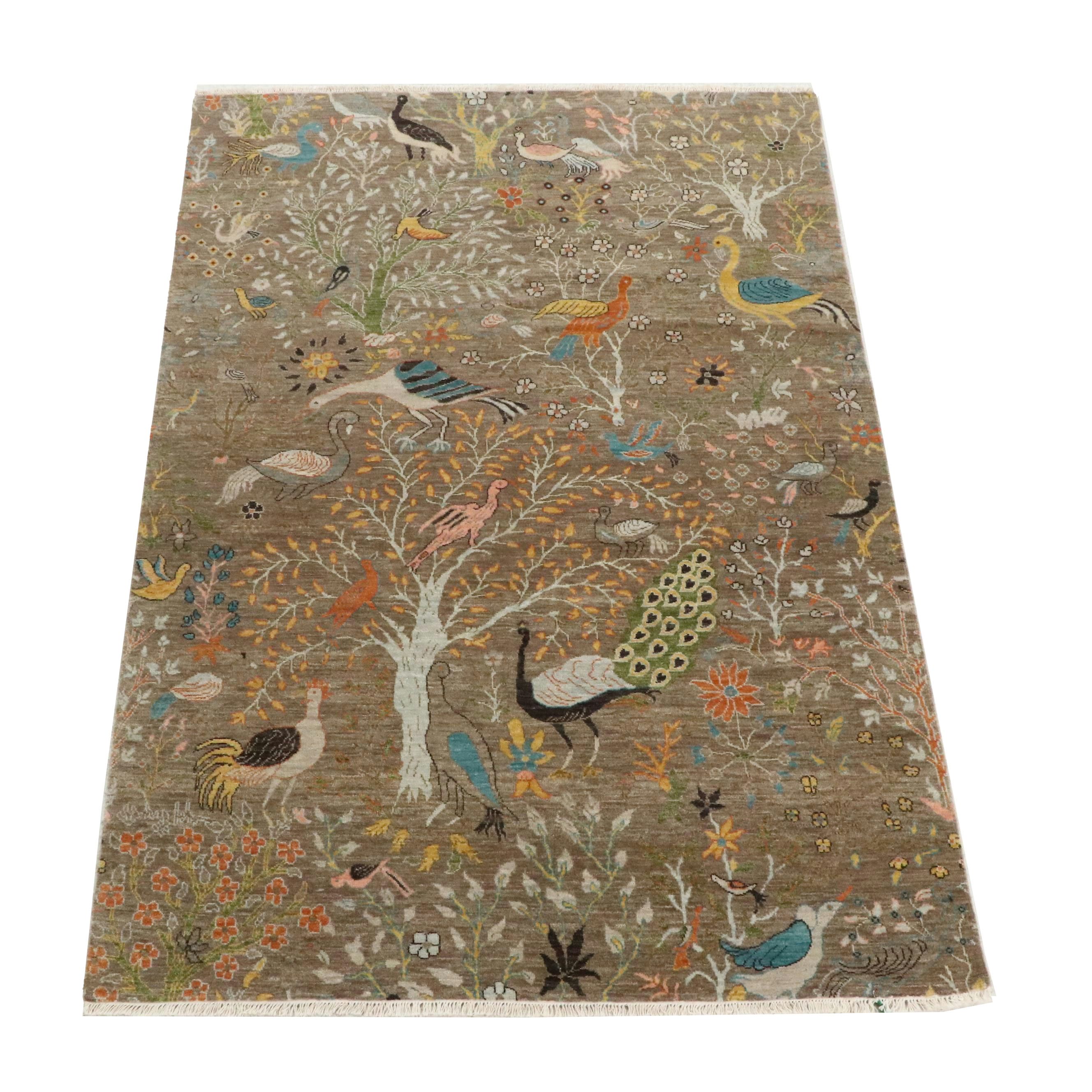 6' x 9'2 Hand-Knotted Indian Pictorial Birds of Paradise Area Rugs
