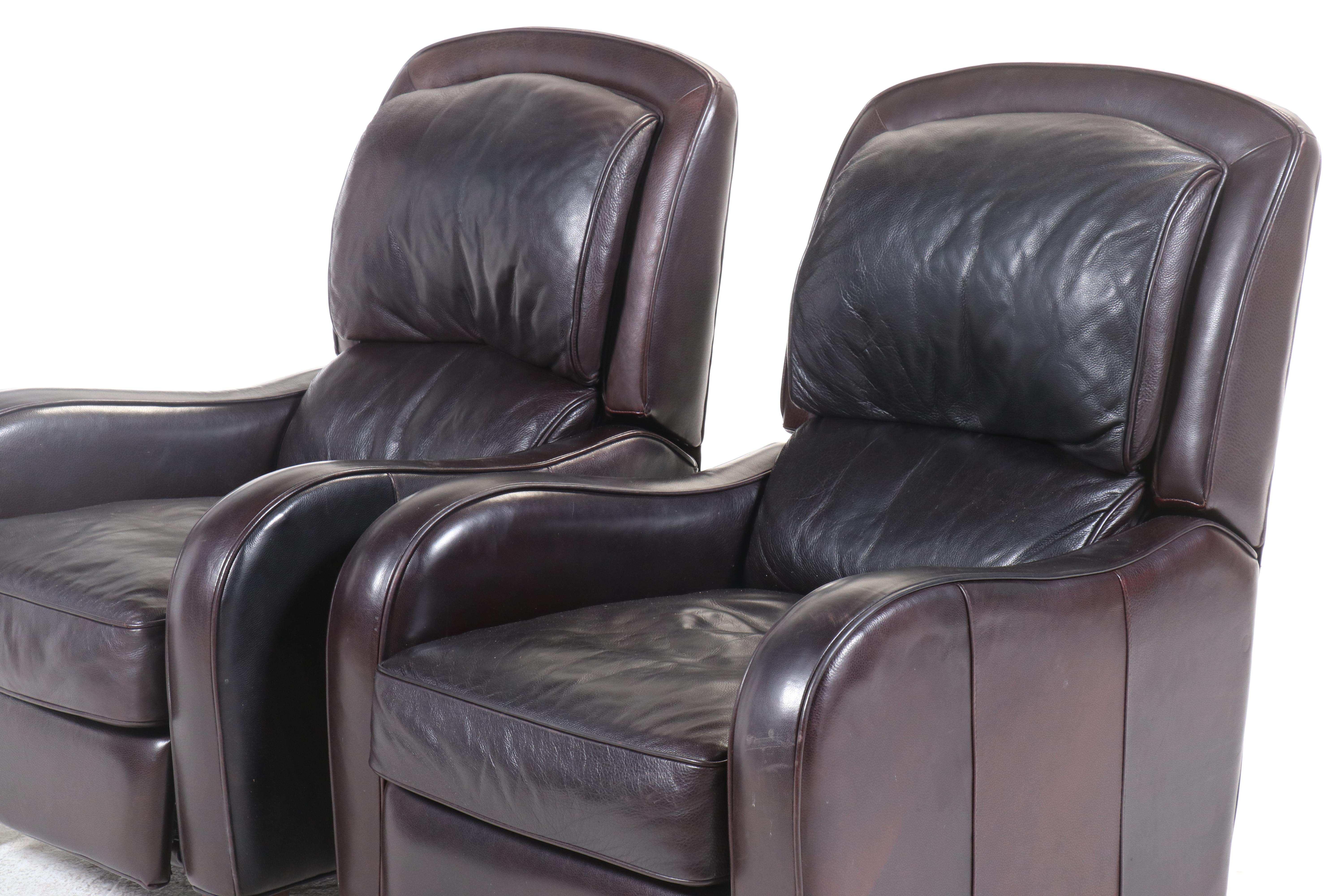 Pair of Arhaus Contemporary Brown Leather Upholstered Reclining Armchairs