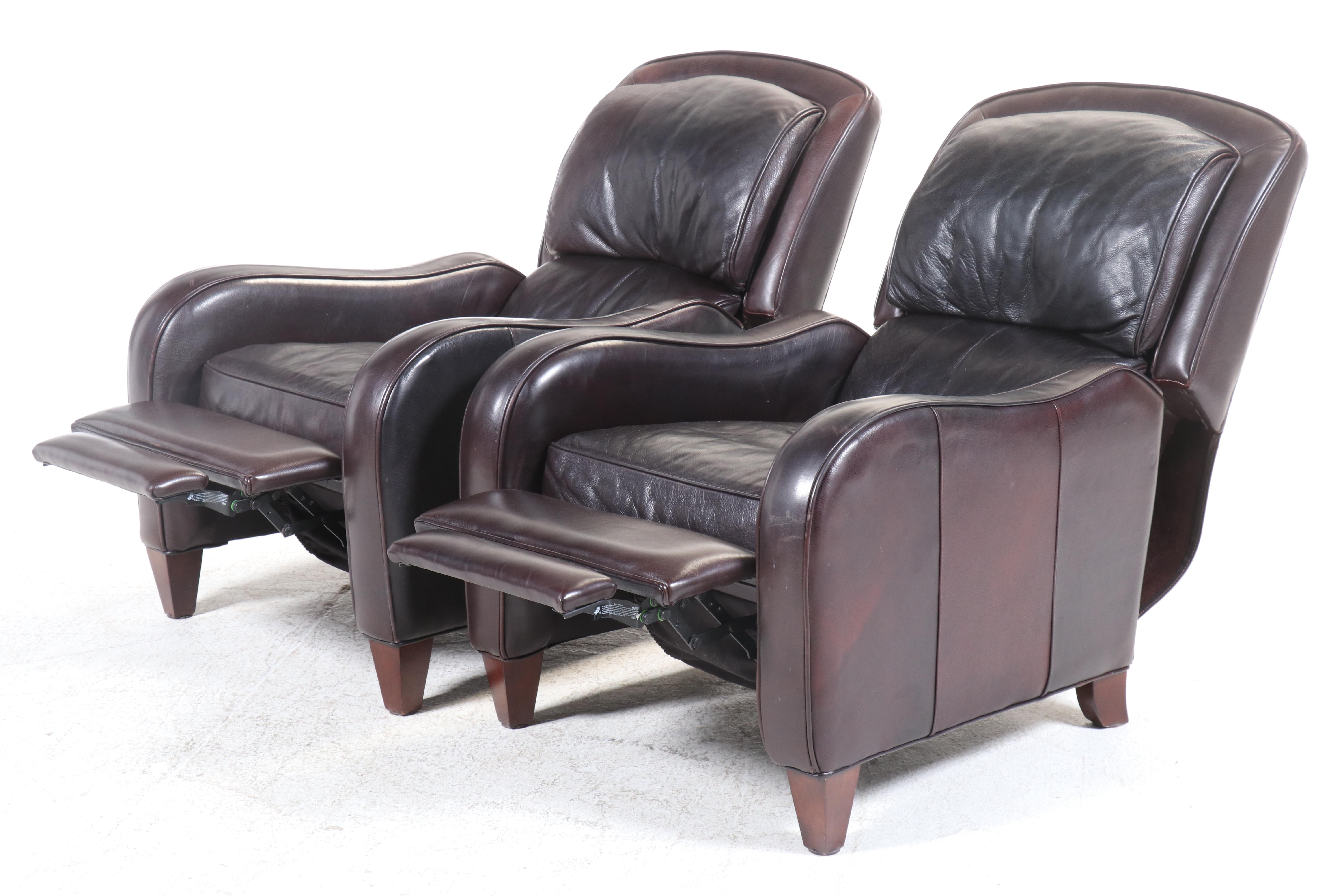 Pair of Arhaus Contemporary Brown Leather Upholstered Reclining Armchairs